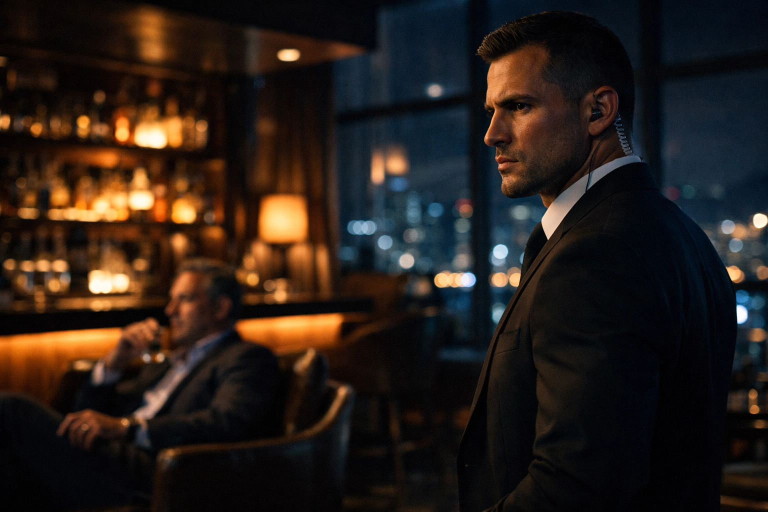 Professional armed bodyguard in Medellin providing discreet security for an executive in a luxury lounge.