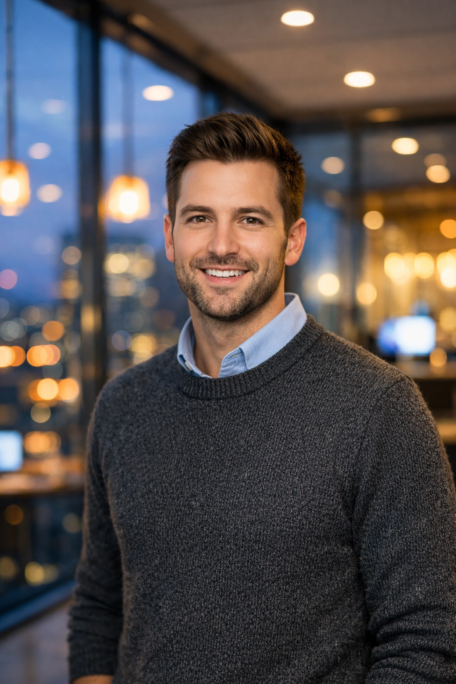 An environmental corporate headshot of a professional in a modern office with a soft blurred background.