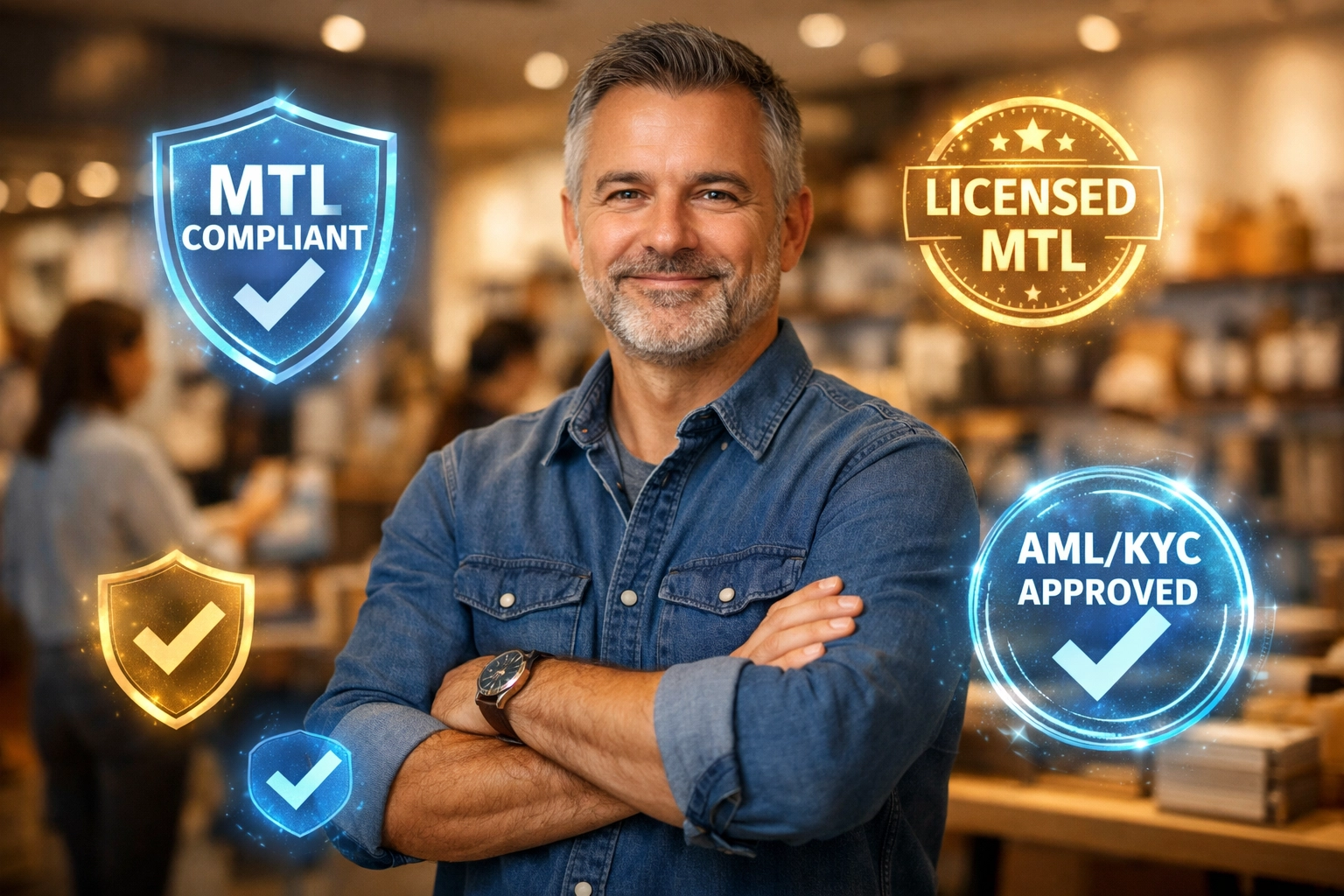 Merchant with MTL compliance badges demonstrating regulatory trust and security