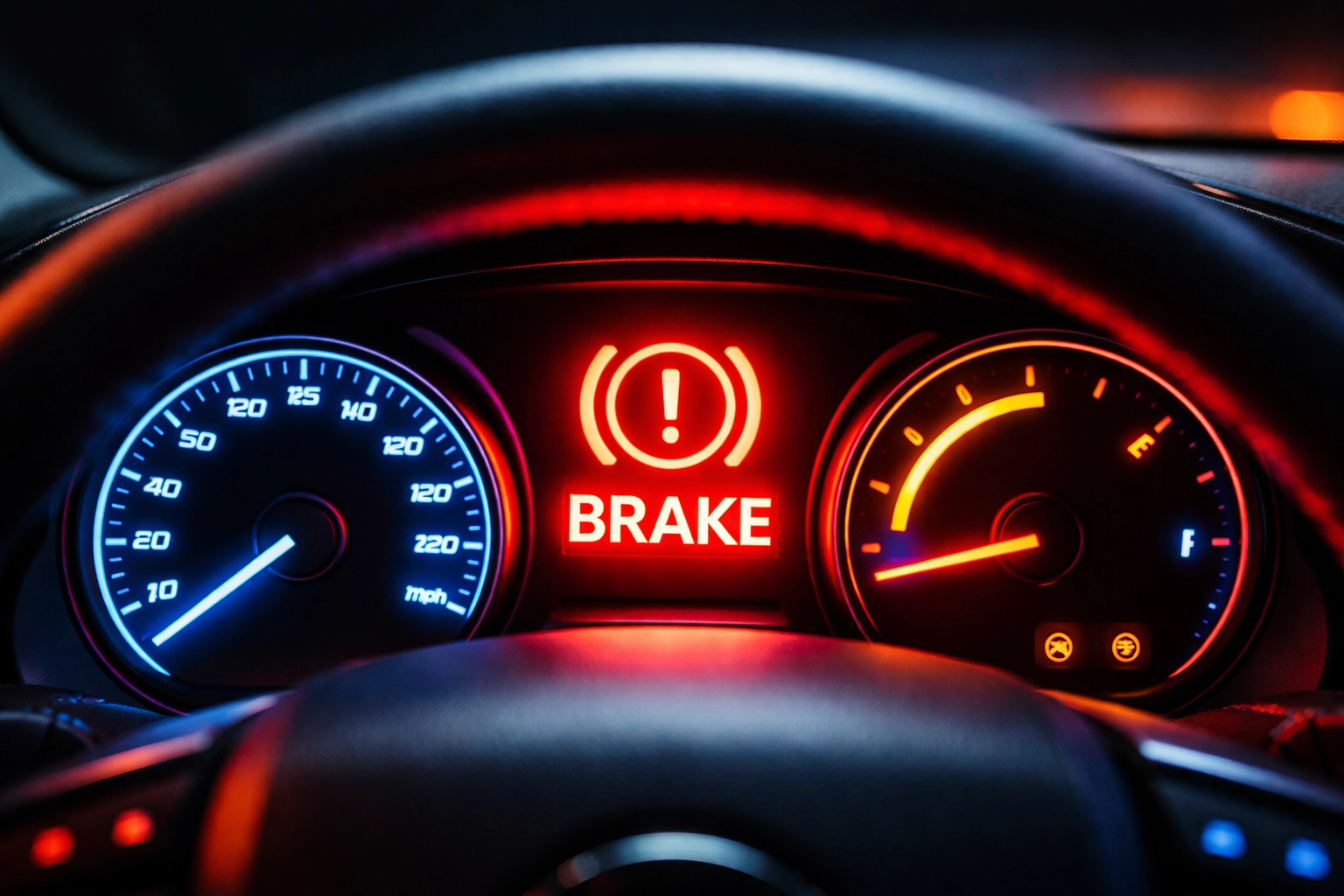 Car dashboard with brake warning light illuminated, showing importance of safety checks in Arnold.