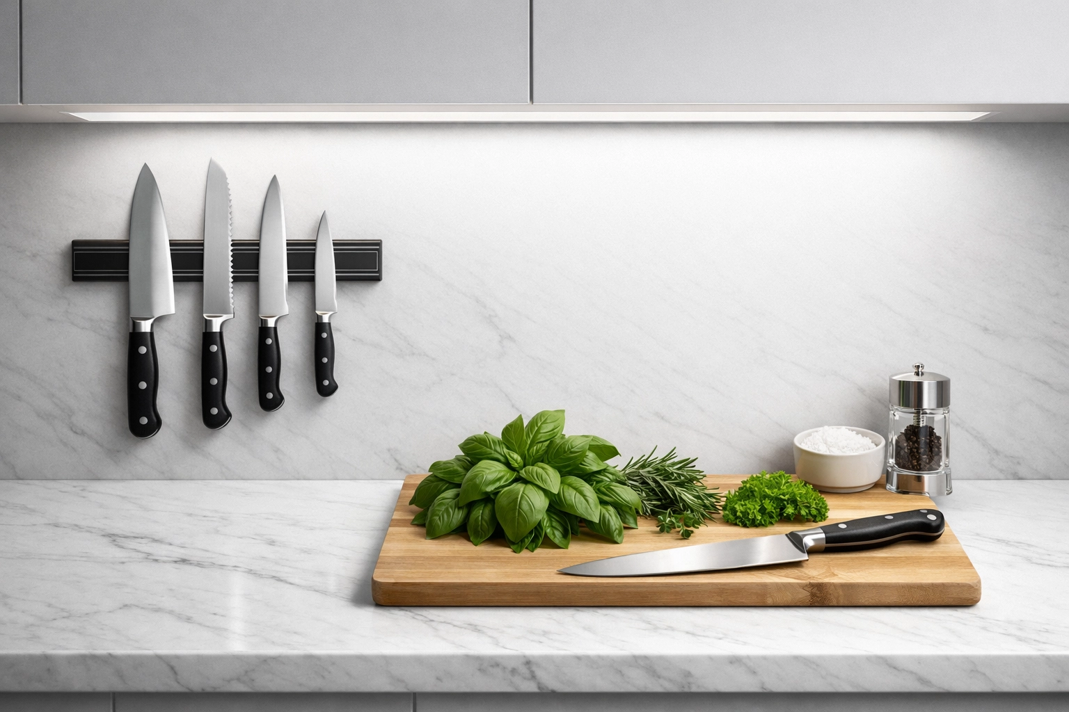 Under cabinet LED strip lights for kitchen providing high-output task lighting on a marble countertop with no hotspots.