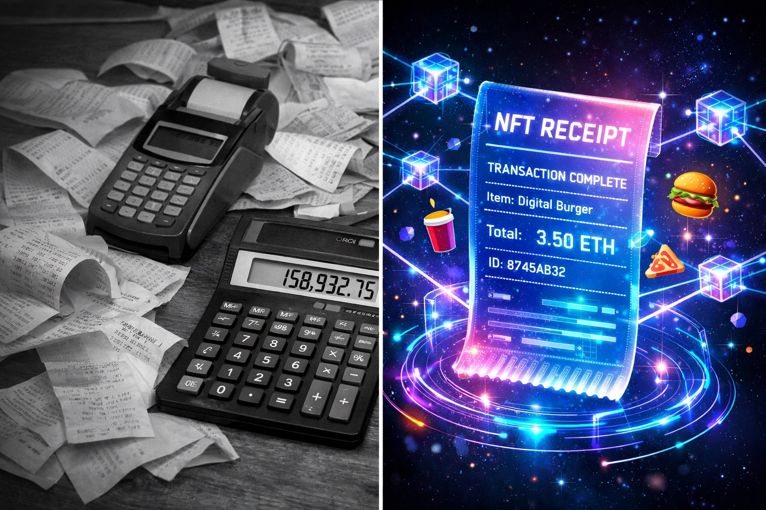 NFT receipt showing blockchain payment transparency versus traditional credit card processing