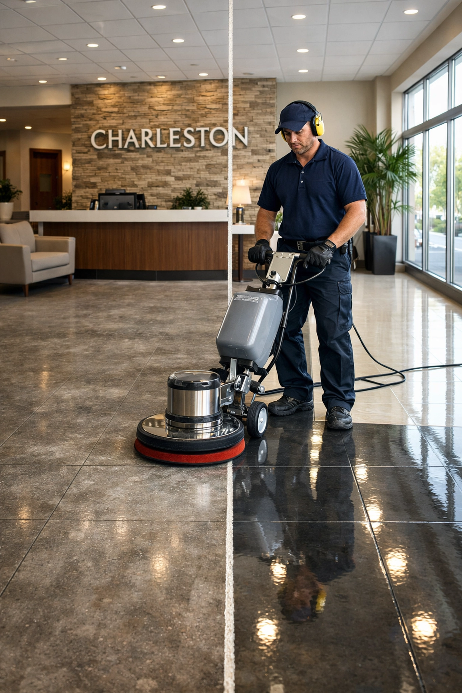 Professional floor stripping and waxing before and after comparison in Charleston office building