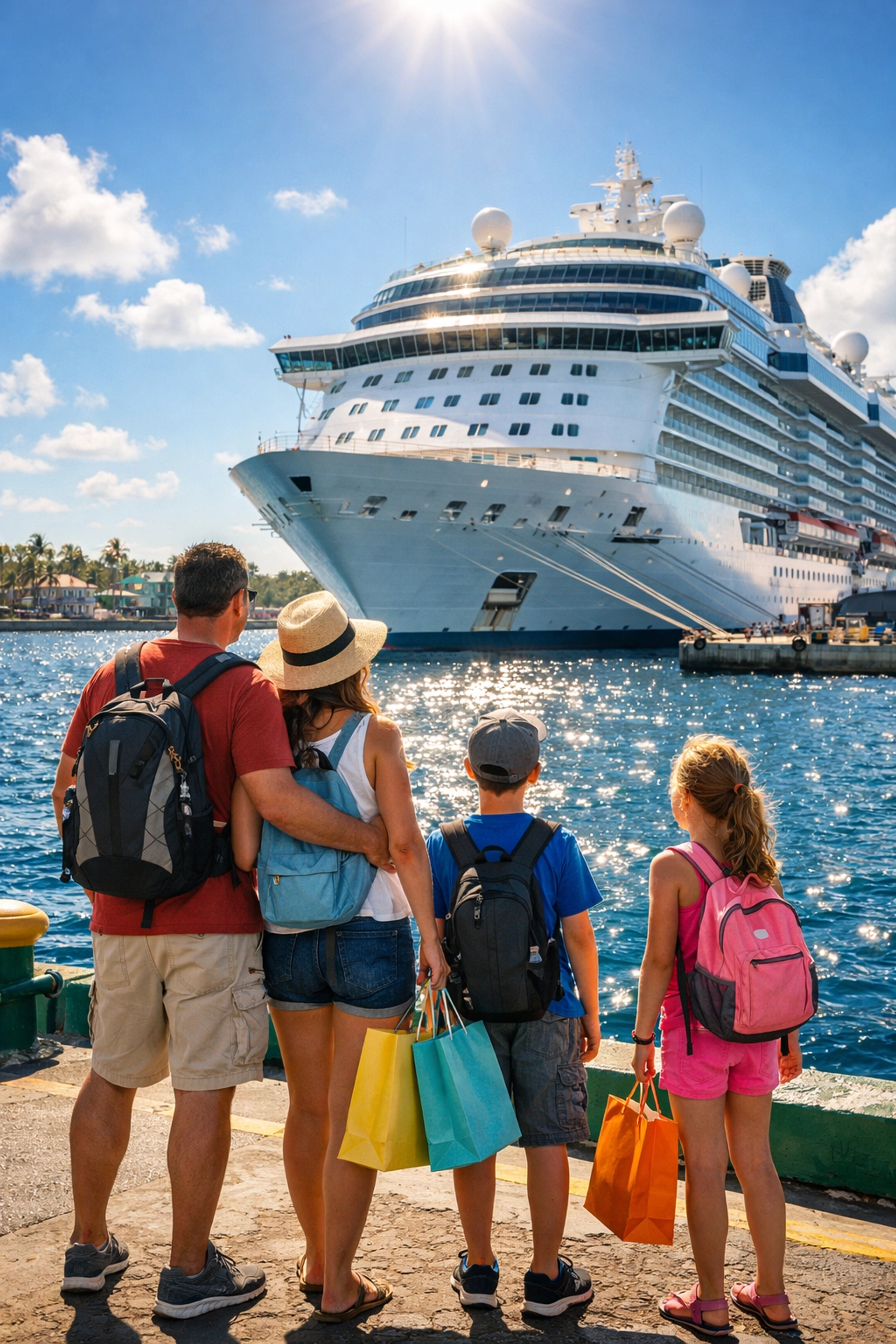 Family walking back to a large cruise ship at the Nassau pier after a day of shore excursions in the Bahamas.