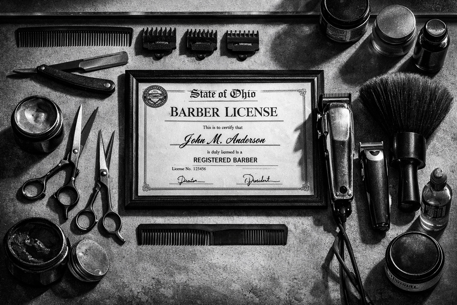 Ohio barber license certificate displayed with professional barbering tools and equipment