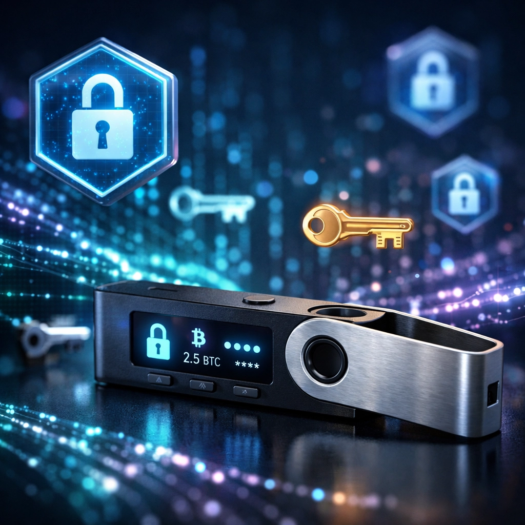 Hardware wallet with security shields representing crypto risk management protocols