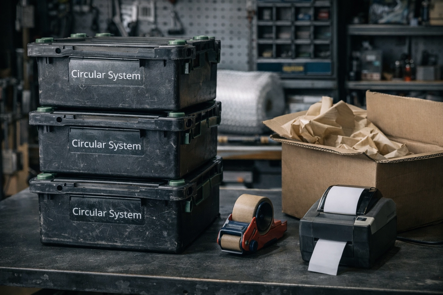 Reusable Circular System repair boxes ready for dispatch/return on a real packing bench: stacked containers, packing tools, authentic workshop lighting (photorealistic, no text)