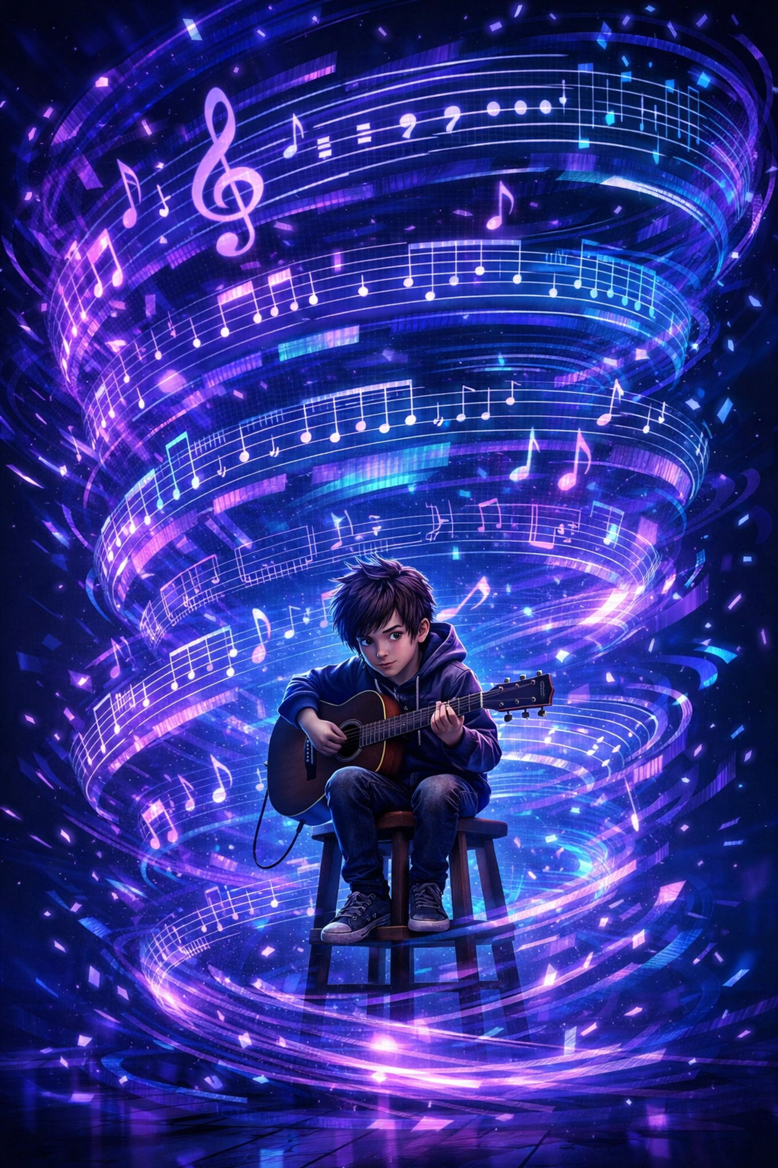 A student feeling overwhelmed by scattered online guitar tabs and complex digital music symbols.