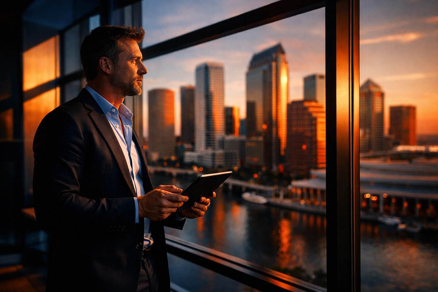 Tampa Bay business owner viewing downtown skyline while planning succession and exit strategy