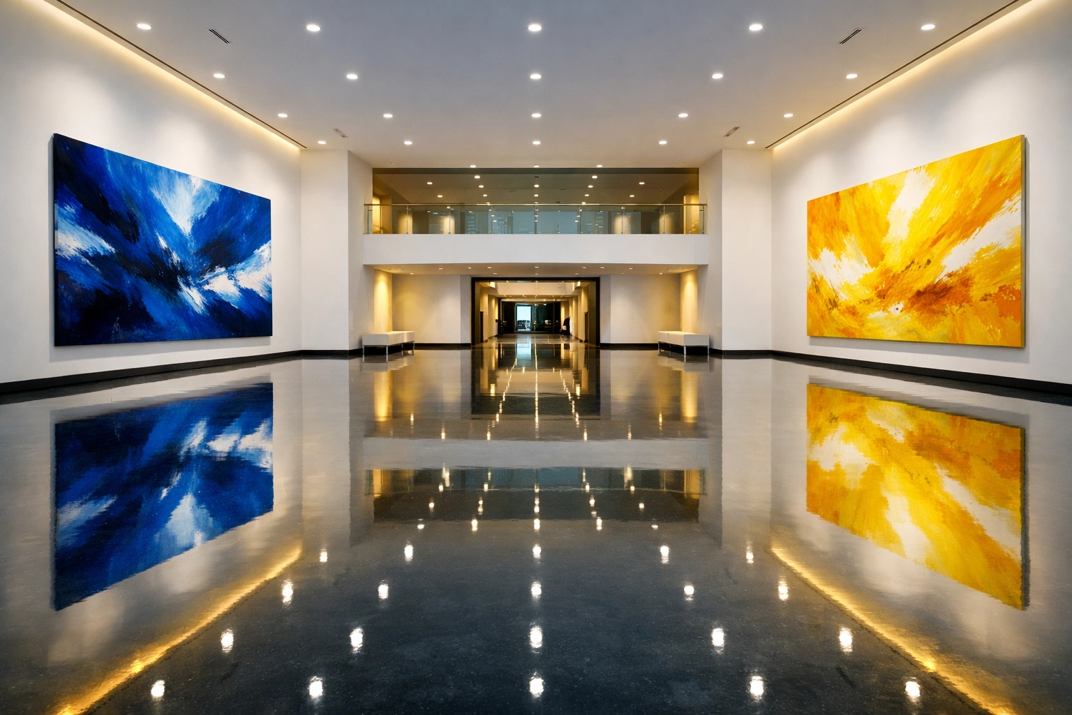 A picture perfect museum lobby with high-gloss polished floors and immaculate white walls.