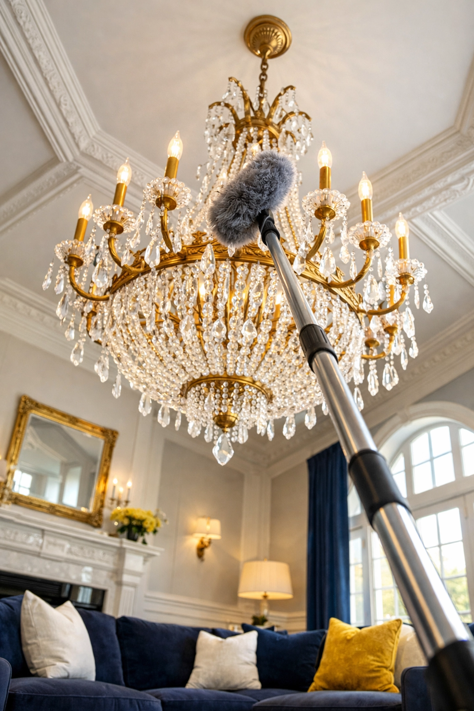 Professional deep cleaning Worcester expert dusting a high-end chandelier in a luxury vaulted home.