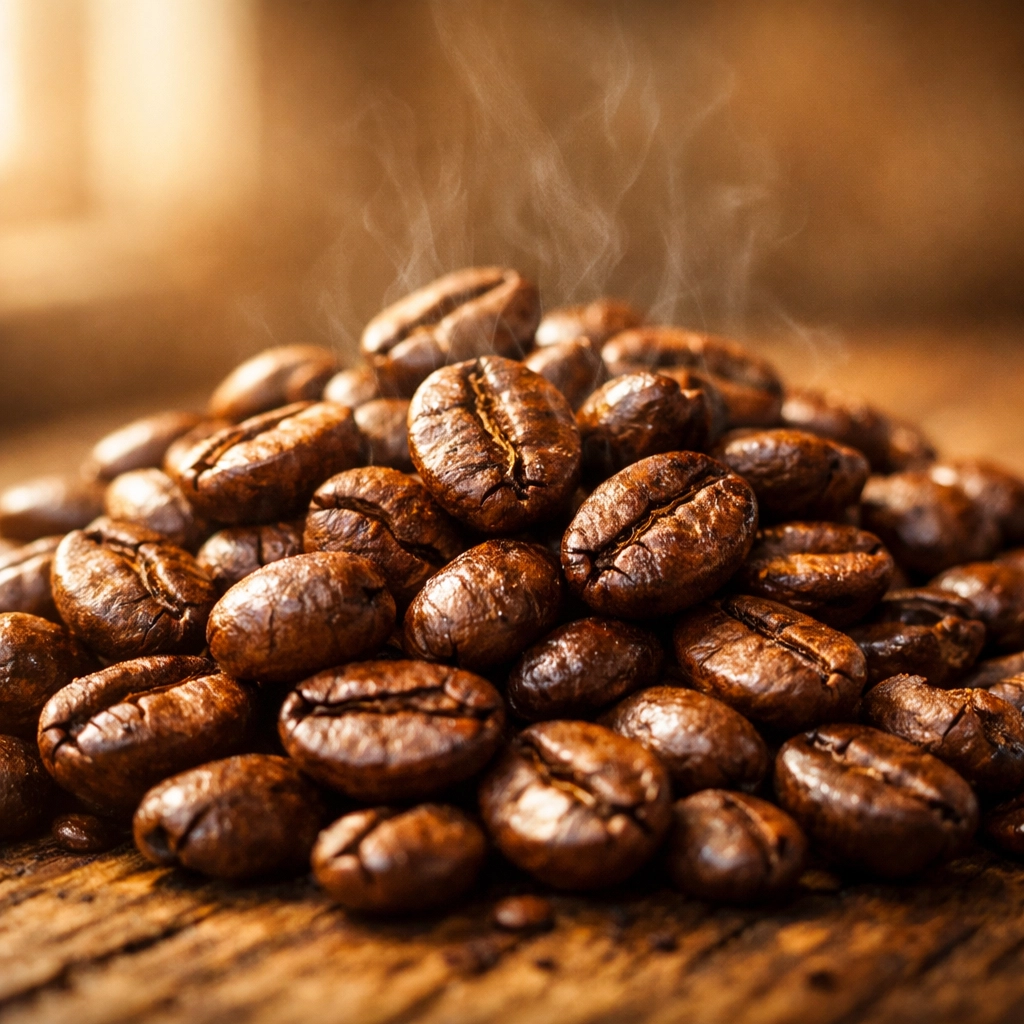 Close-up of freshly roasted specialty coffee beans on a rustic wooden surface showing rich oils and texture.