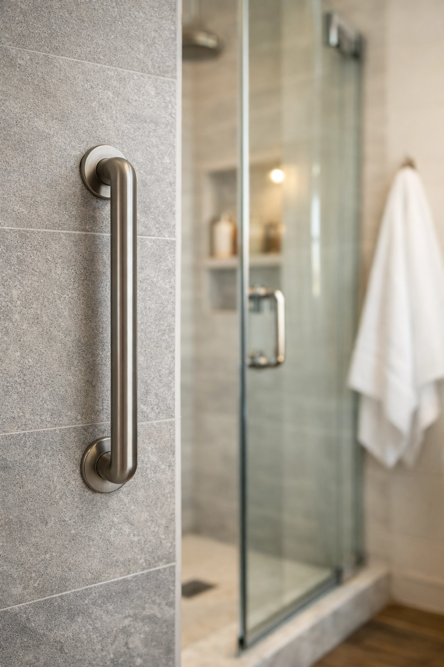 Sleek vertical grab bar at a shower entry providing stability when stepping over the threshold.