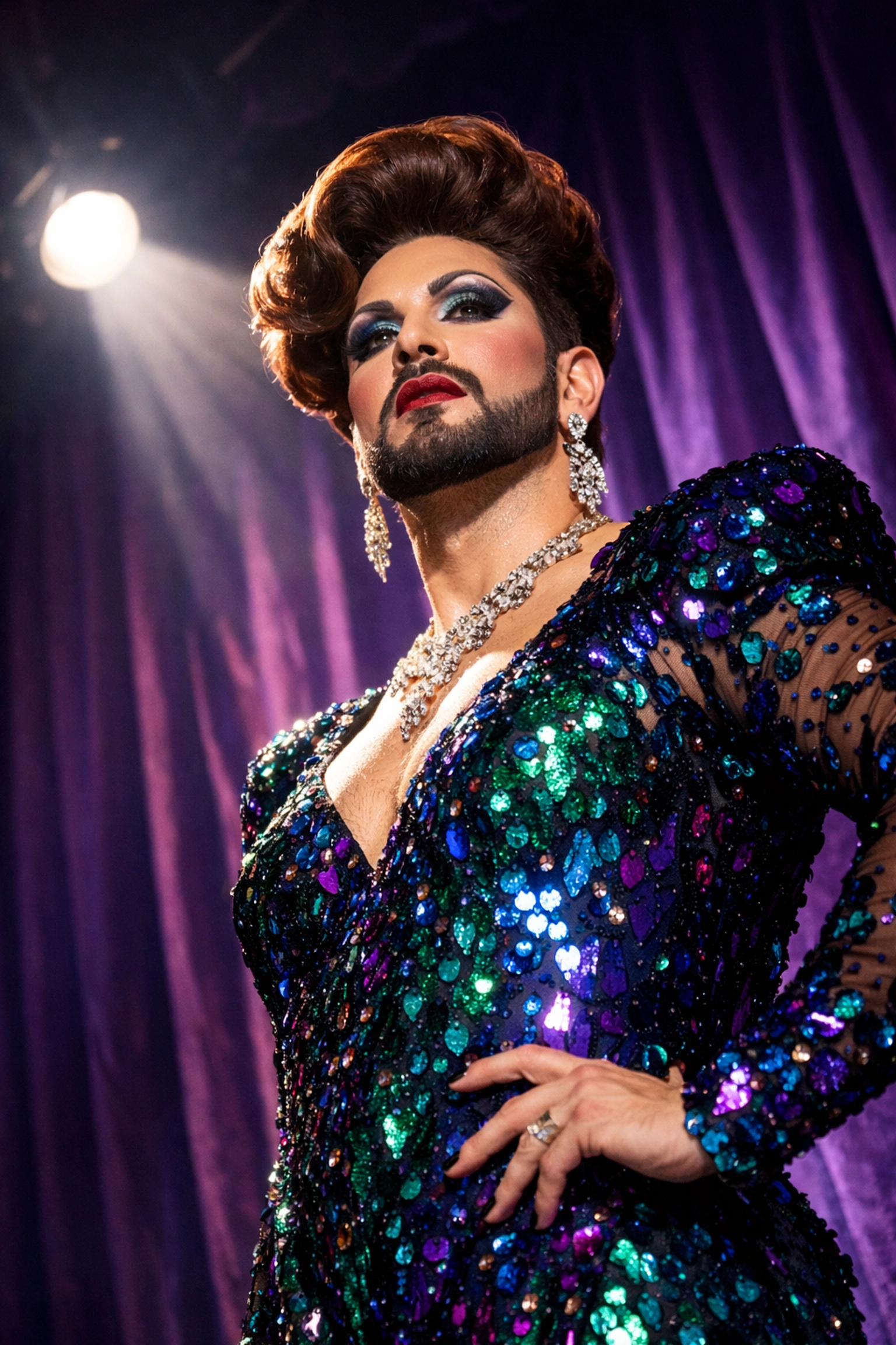 Opera diva in glamorous stage costume celebrating gay culture and queer performance art