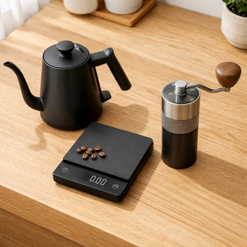Minimalist home coffee brewing gear including a black gooseneck kettle, digital scale, and manual burr grinder.