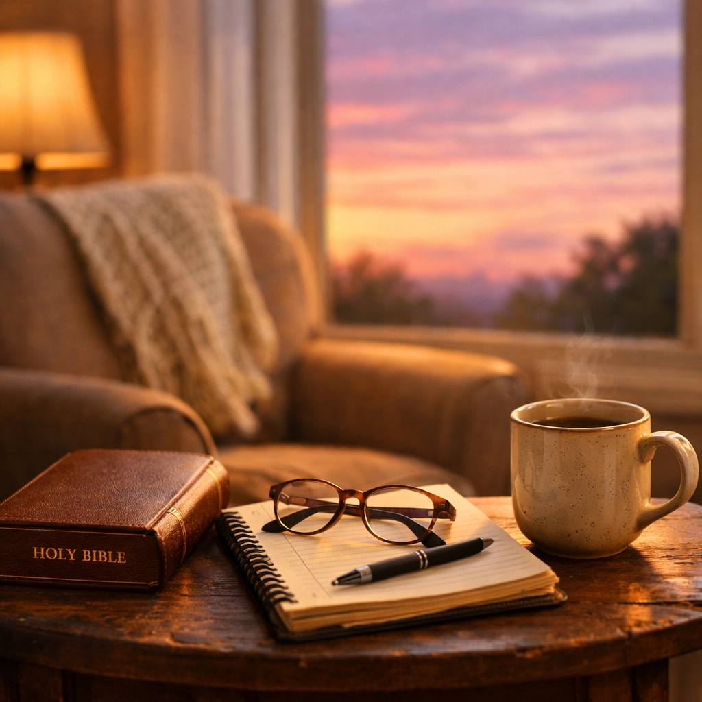 Cozy reading chair with Bible and coffee at dawn for peaceful morning devotional time