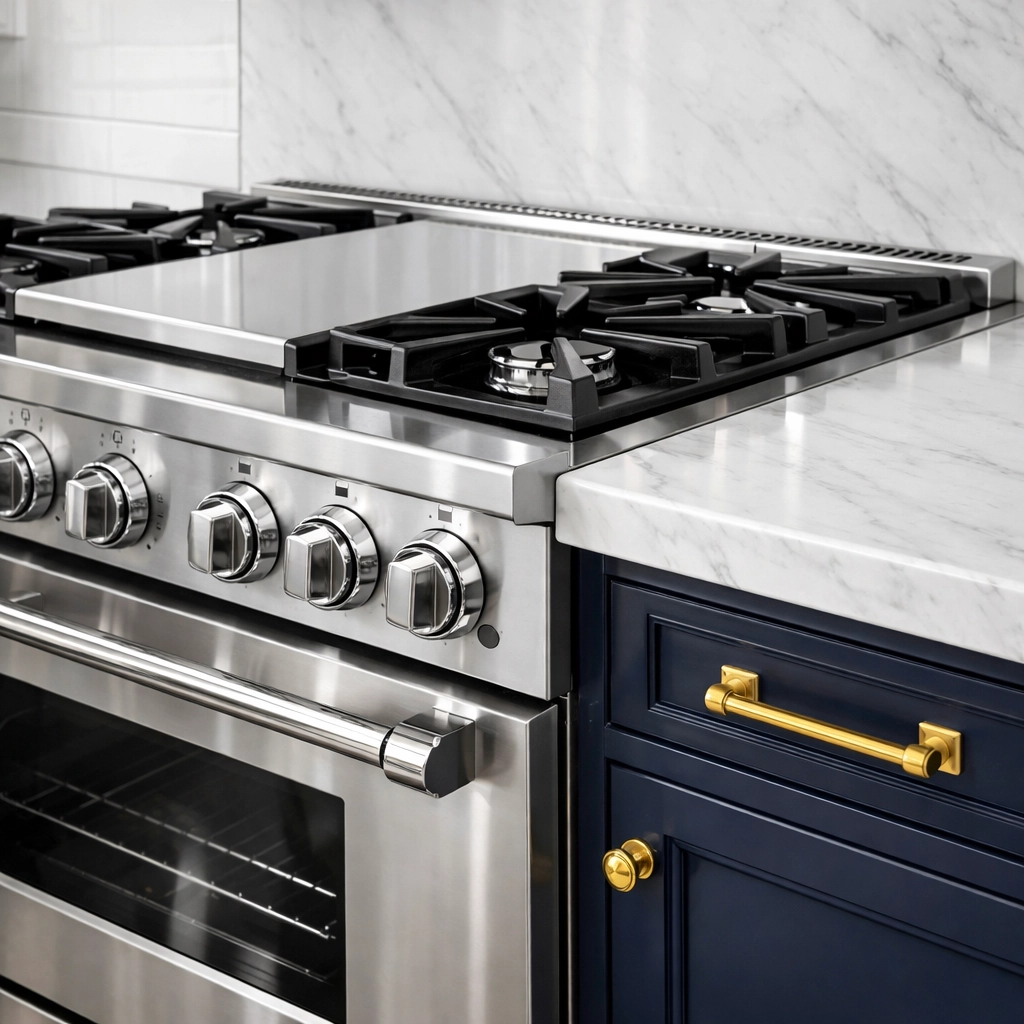 Deep-cleaned modern kitchen in Acton featuring sparkling marble countertops and a polished stovetop.