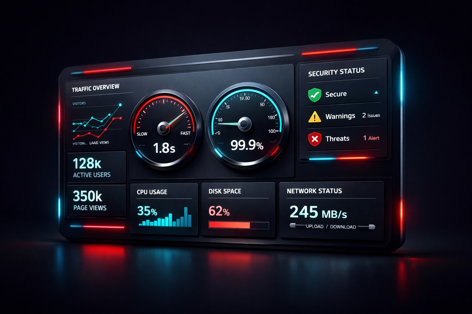 Website performance monitoring dashboard displaying speed metrics and uptime indicators