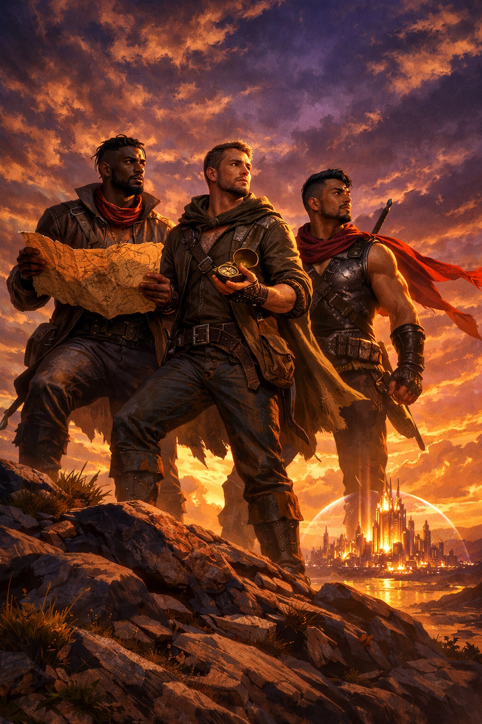 Diverse gay men as heroic protagonists in an adventure setting, representing visionary queer fiction.