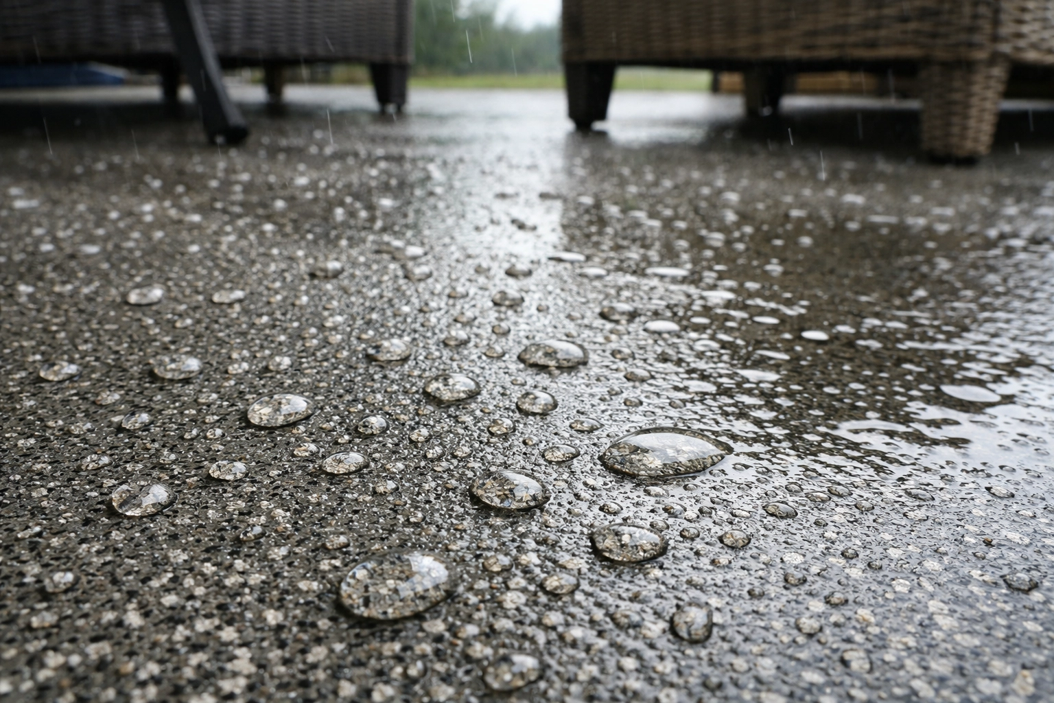 Slip-resistant polyaspartic coated patio with water beading on textured surface