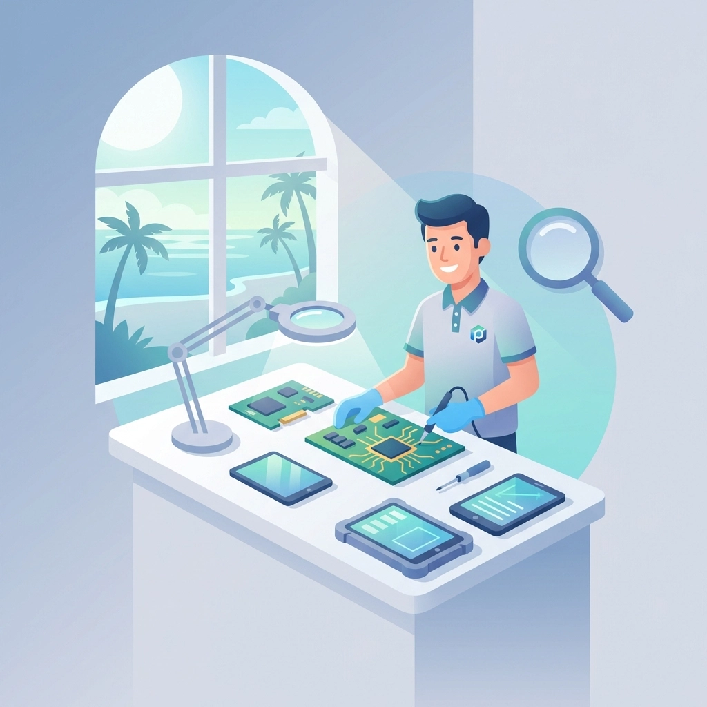 Friendly technician working at a modern Florida repair bench, showing expert computer service for Fort Pierce residents