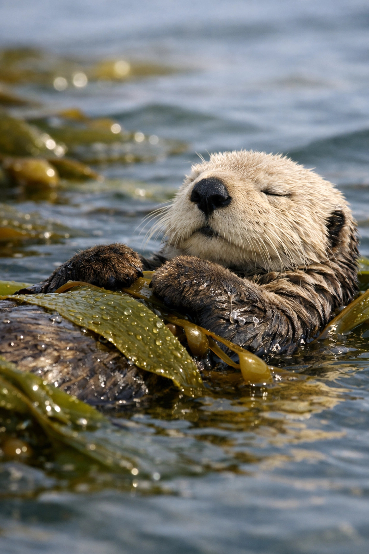 Serene sea otter floating in a kelp forest, representing quiet moments in aquarium marketing content.