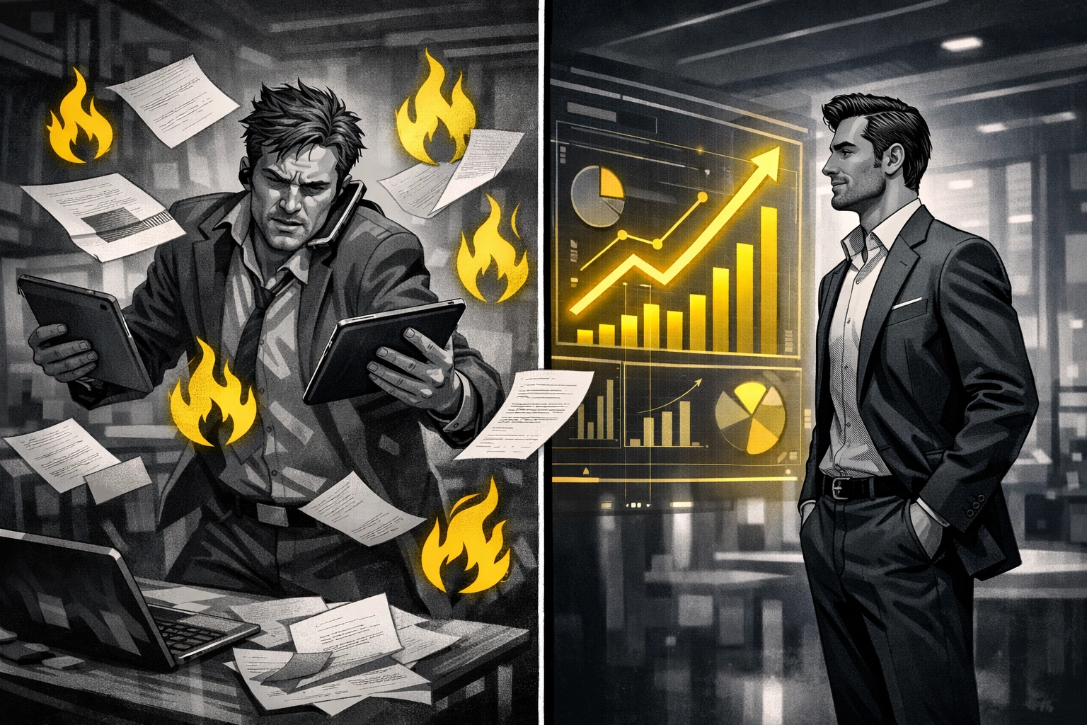 Comparison of a stressed seller versus a strategist using Amazon brand management to scale sales.