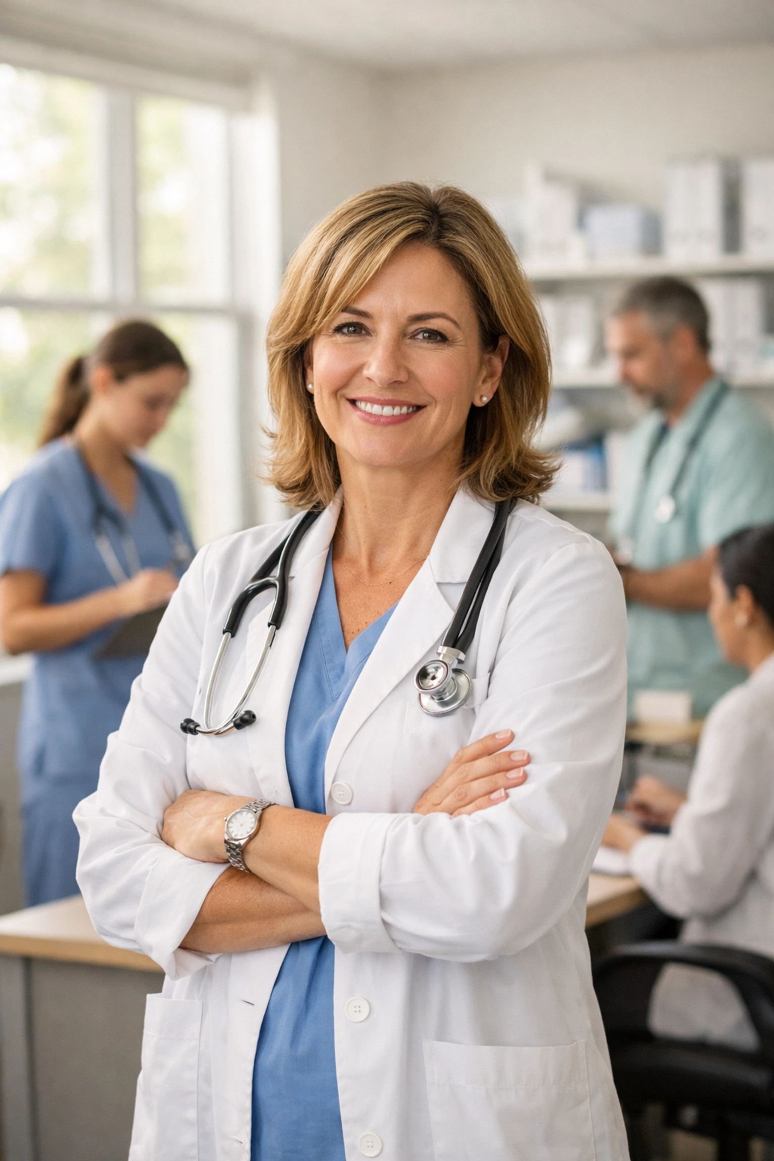 Confident practice owner leading efficient healthcare team with optimized business systems