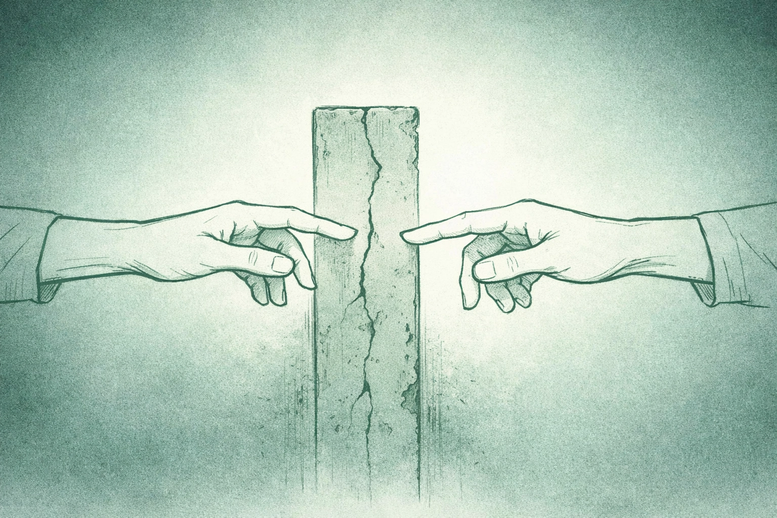 Male couple's hands reaching across concrete barrier symbolizing hope in gay romance