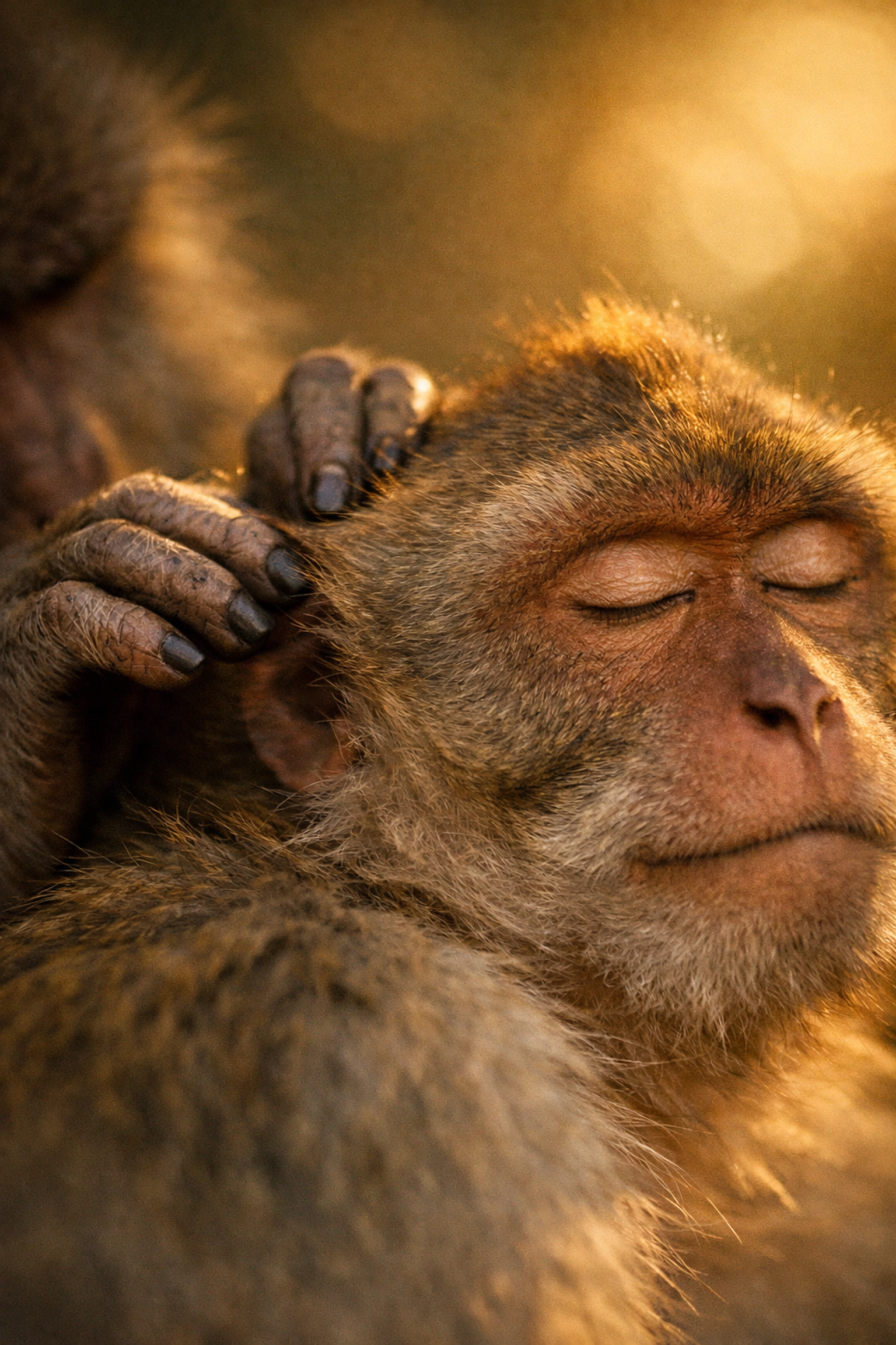 Close-up of a male macaque grooming his companion, highlighting the found family and support in male monkey bonds.