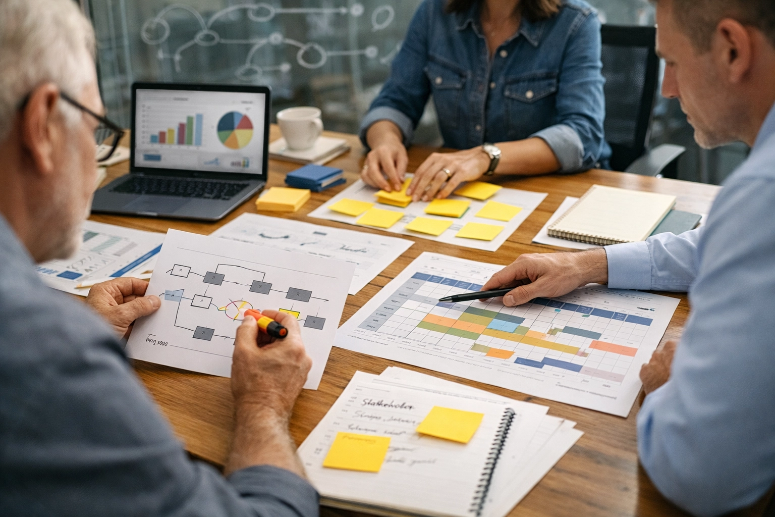 Small business leaders conducting a change readiness audit with process maps and strategic scaling roadmaps.