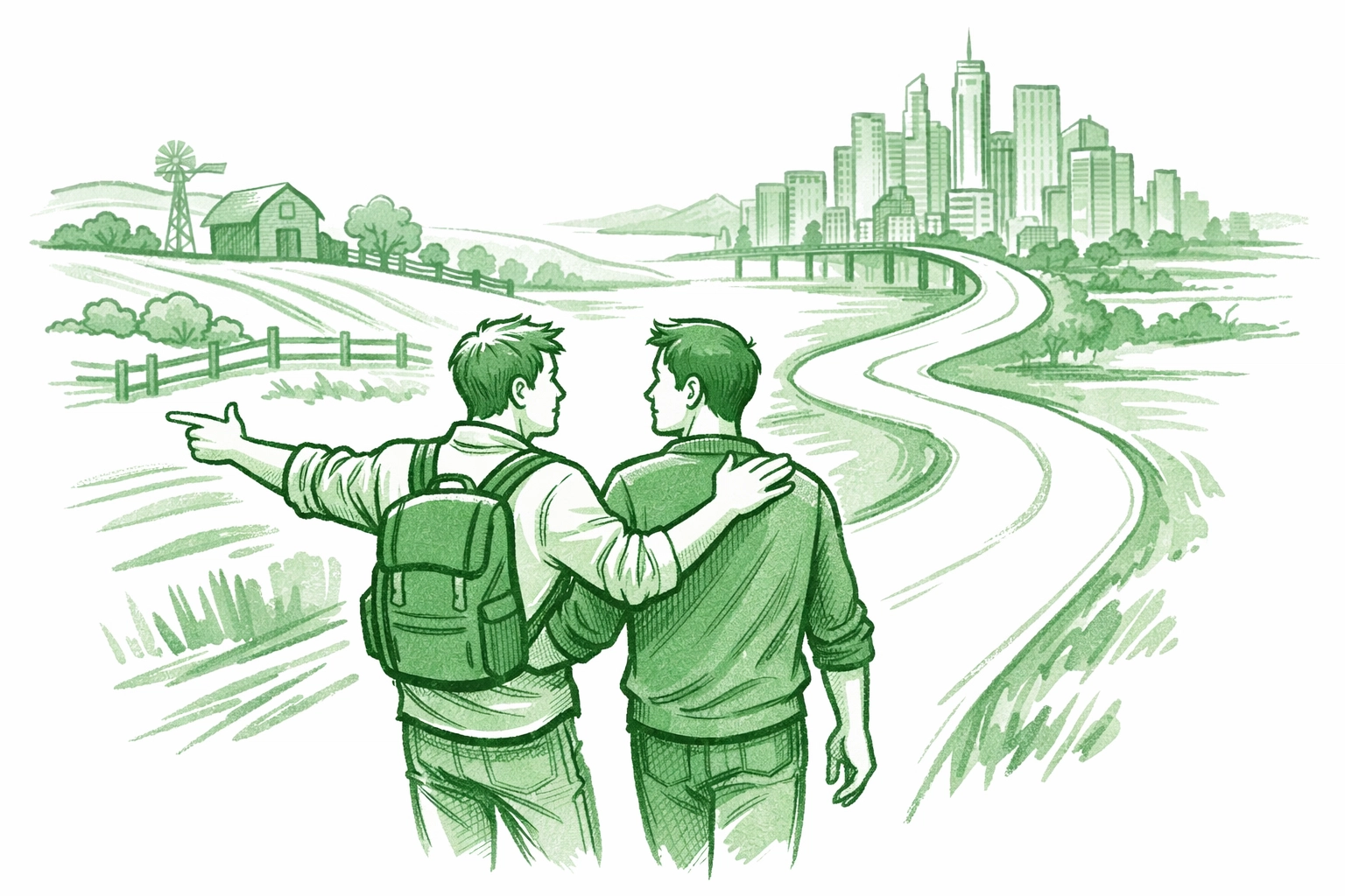 Two gay men walking path from countryside to city representing queer mentorship and community journey