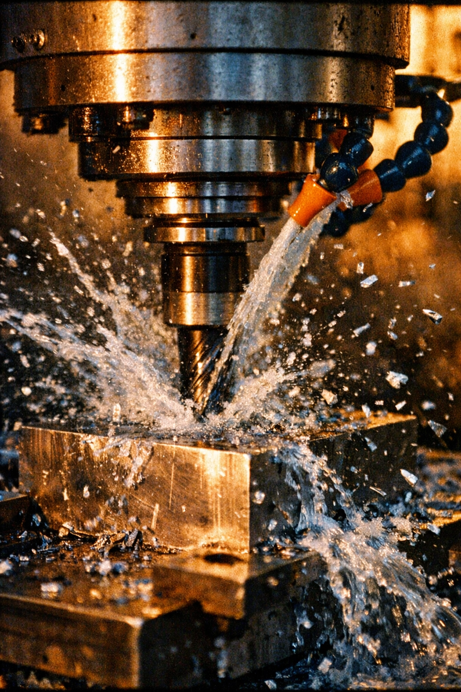 High-speed CNC machine head cutting through titanium with coolant spray and metal shavings.