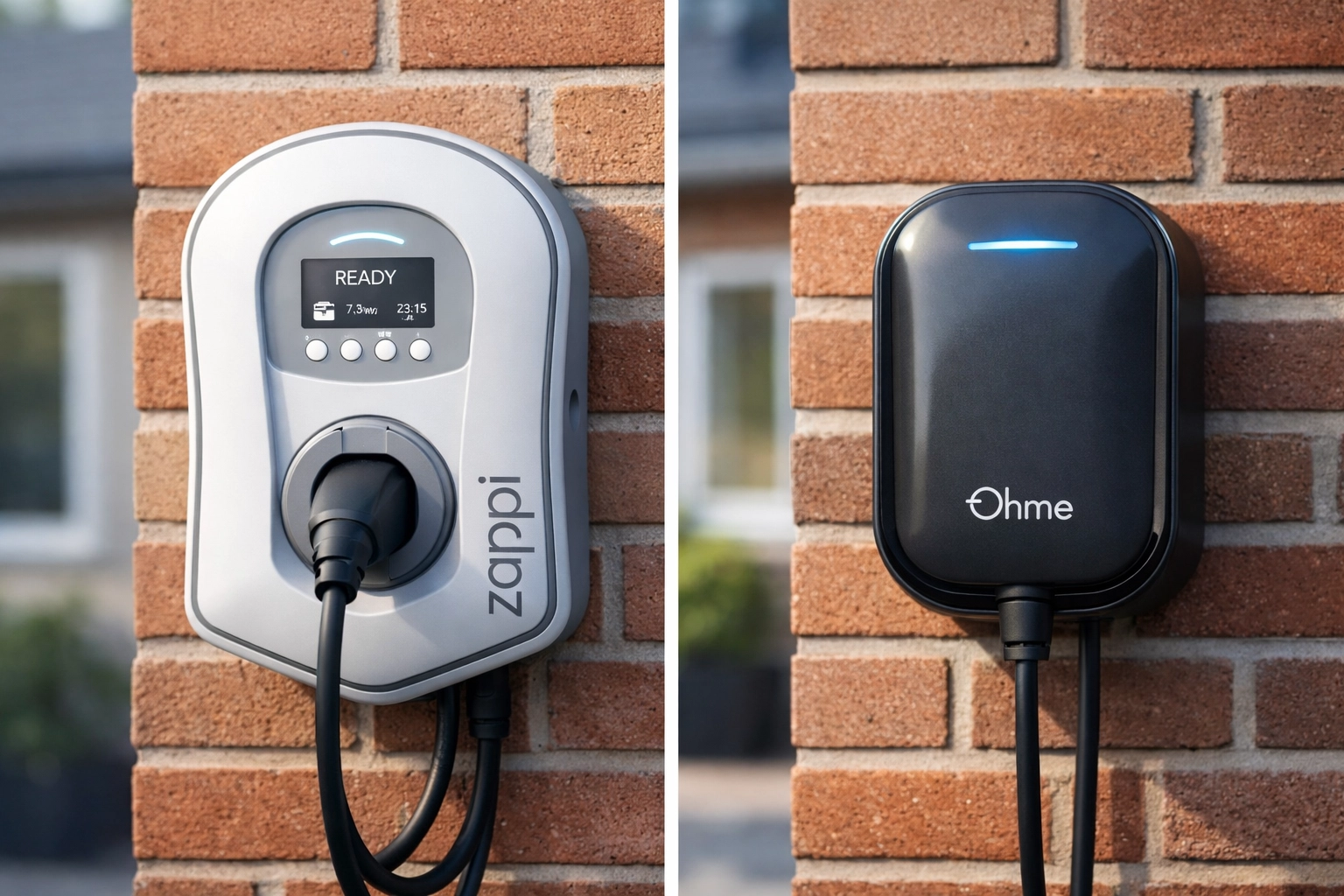 Zappi vs Ohme EV chargers side-by-side comparison on UK home exterior