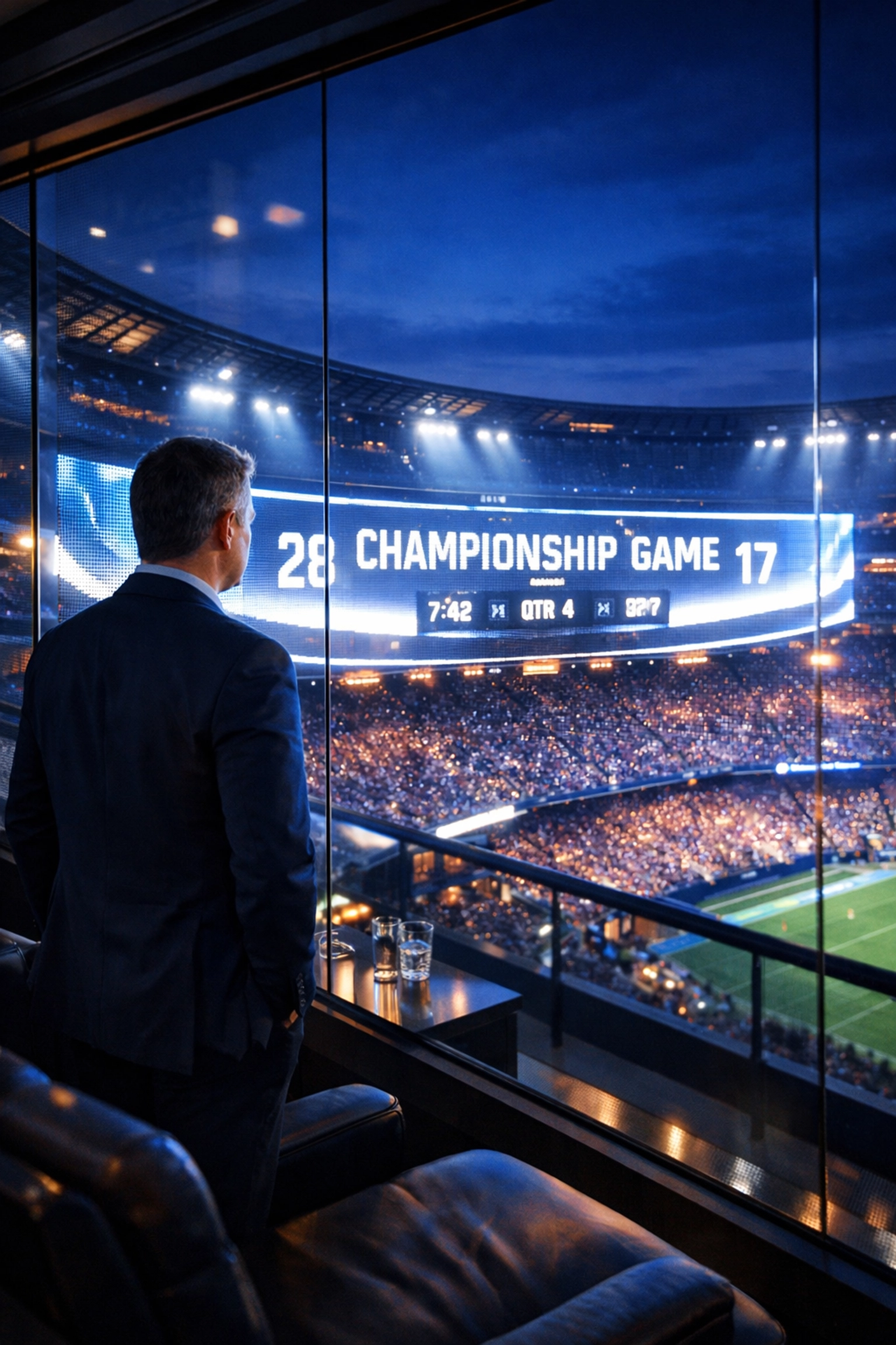 A large digital stadium scoreboard viewed from a luxury suite, illustrating brand leadership.