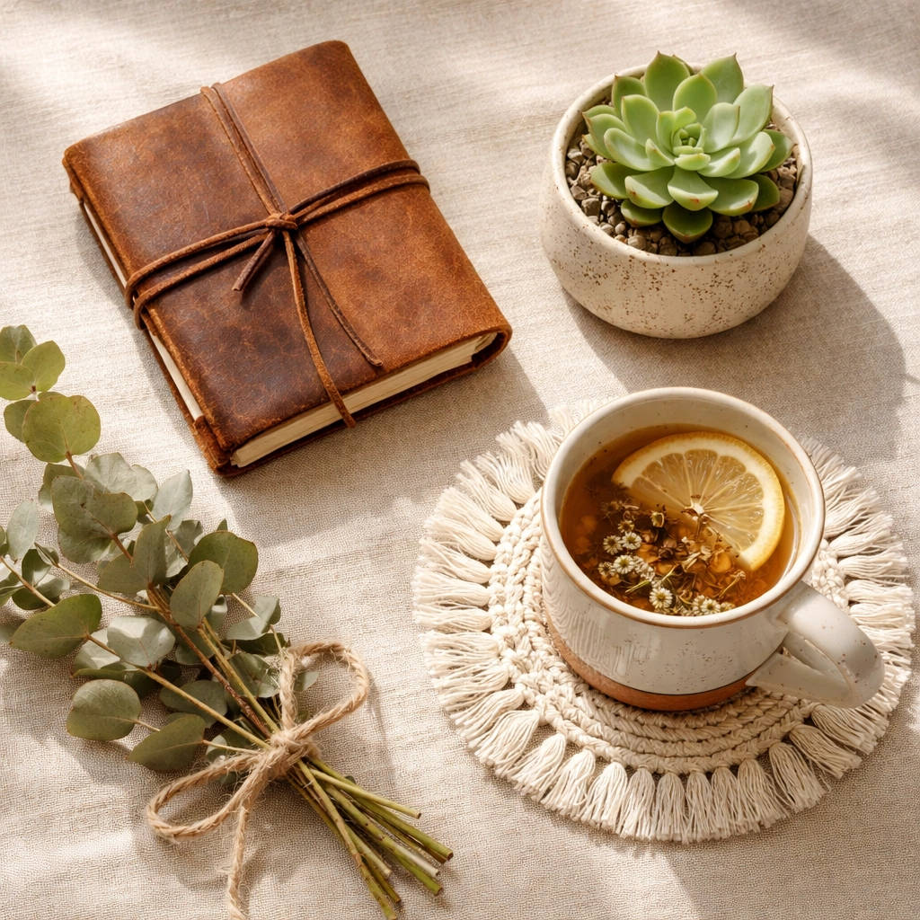 Flat-lay of a minimalist wellness corner setup with a handmade journal, ceramic planter, herbal tea, and eucalyptus on linen
