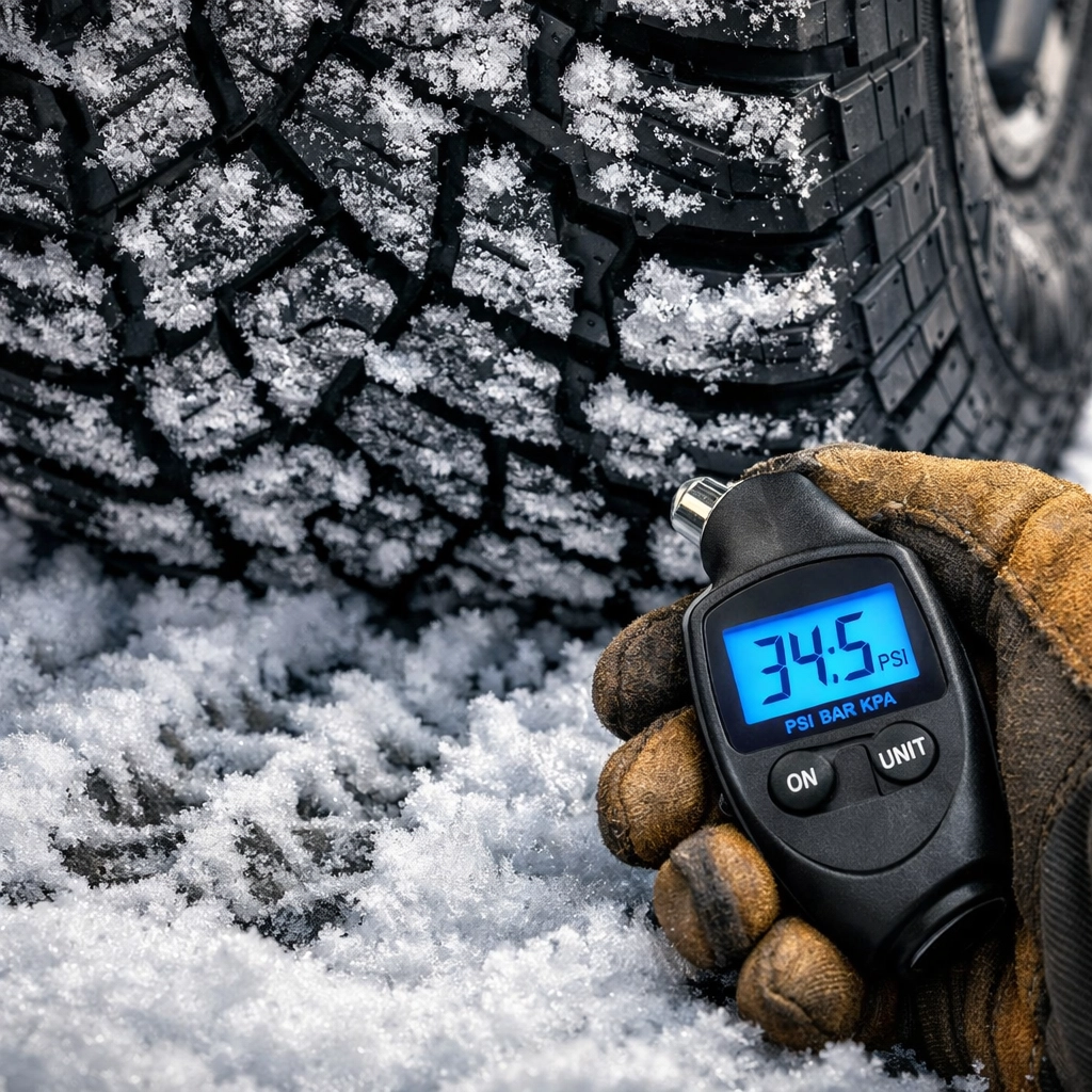 Rugged tire tread in snow being checked with a digital gauge for winter safety in Green Bay.