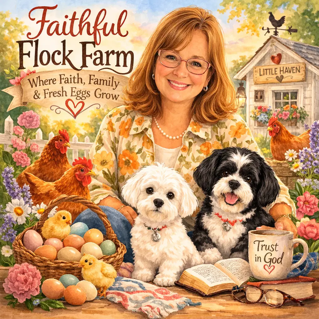 A cheerful farm scene featuring a smiling woman, two small dogs, hens, a basket of colorful eggs, and chicks, symbolizing faith-based values and daily animal care.