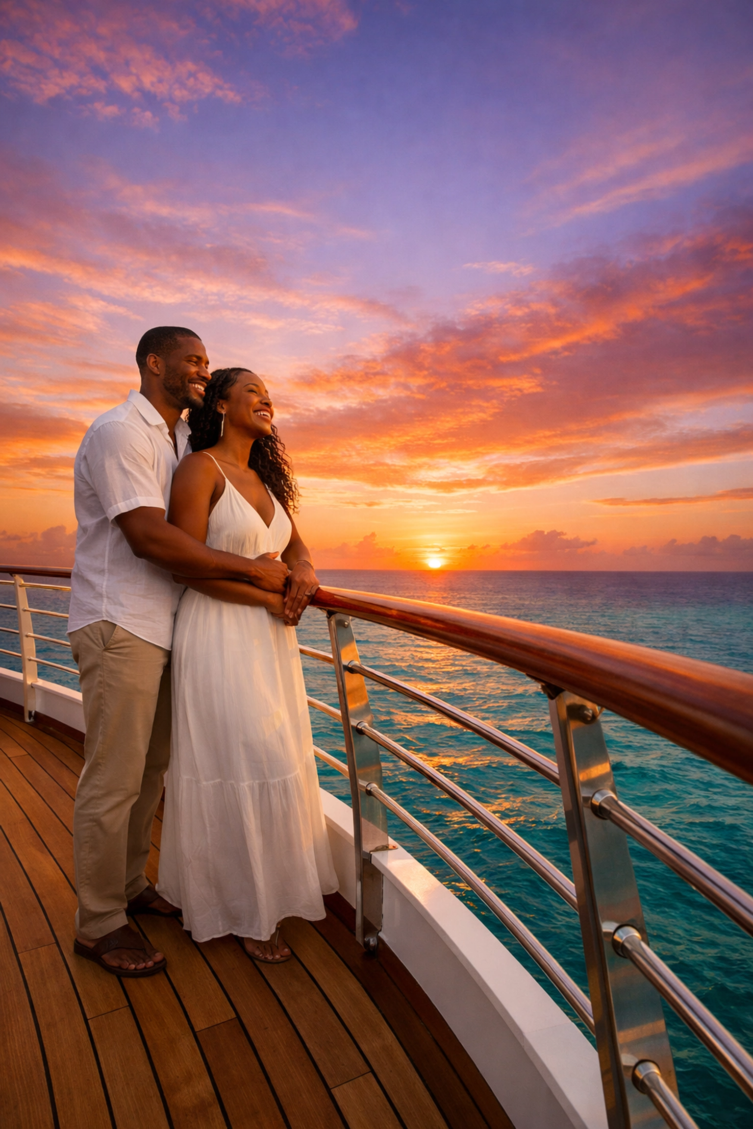A happy couple enjoying a luxury cruise vacation curated by a professional travel planning service.