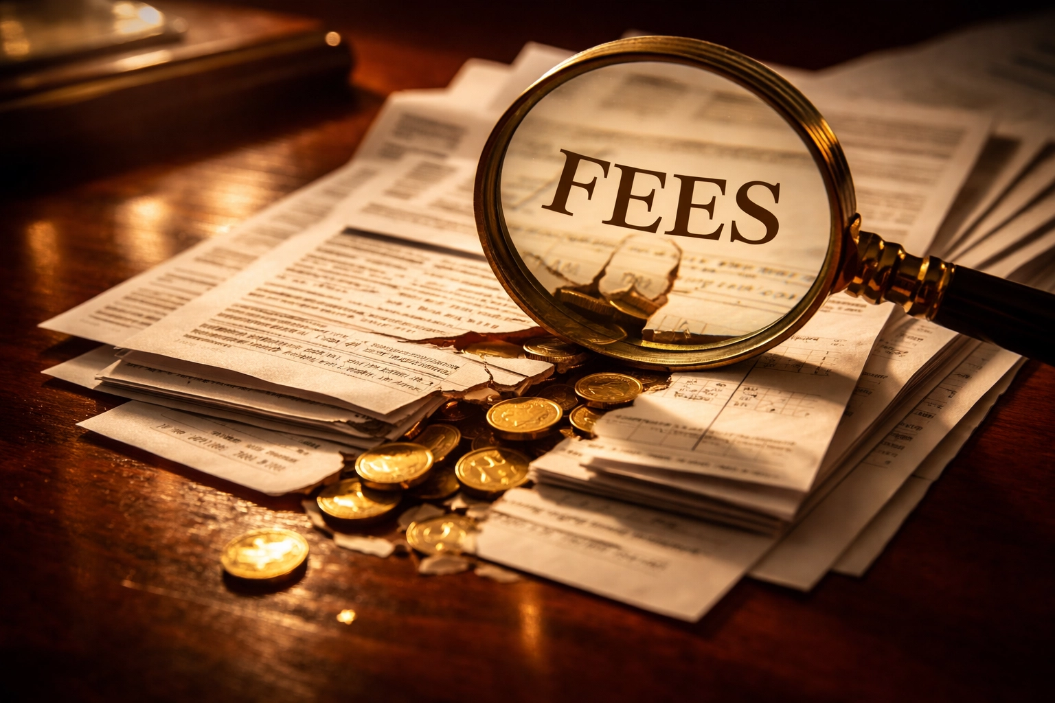 Magnifying glass reviewing financial documents and fees, highlighting the impact of investment costs on returns