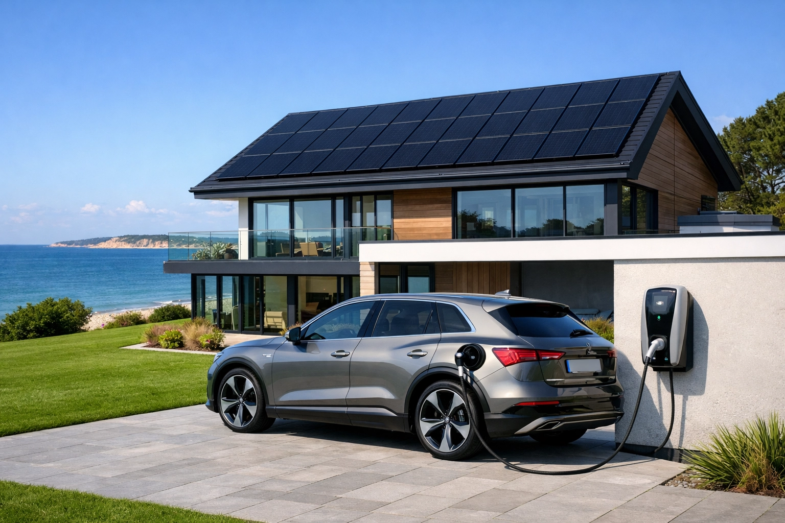 Modern Bournemouth home with rooftop solar panels and an electric vehicle charging on a private driveway.