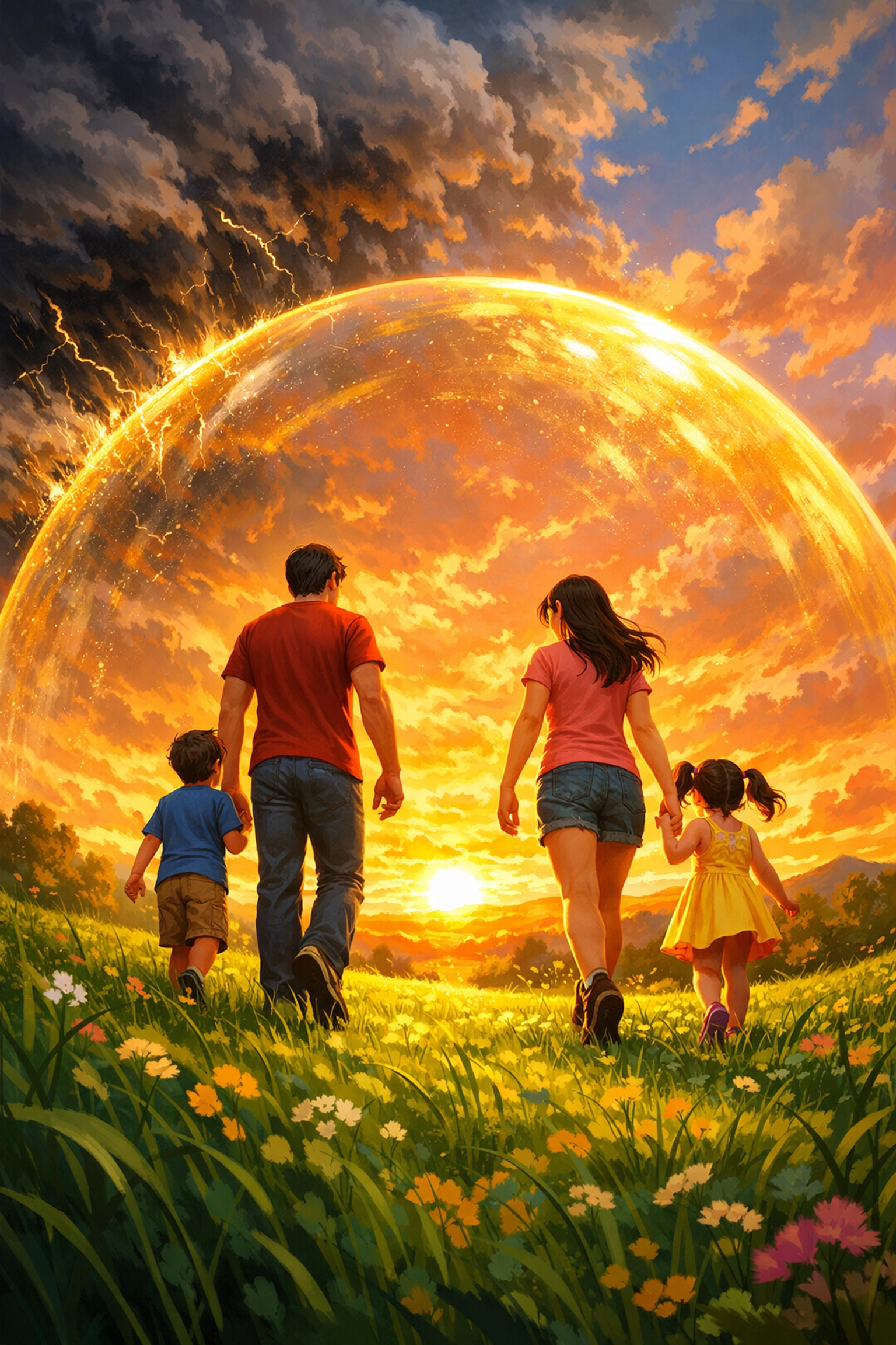 A family walking safely under a protective dome, showing the peace of mind of a valid Will.