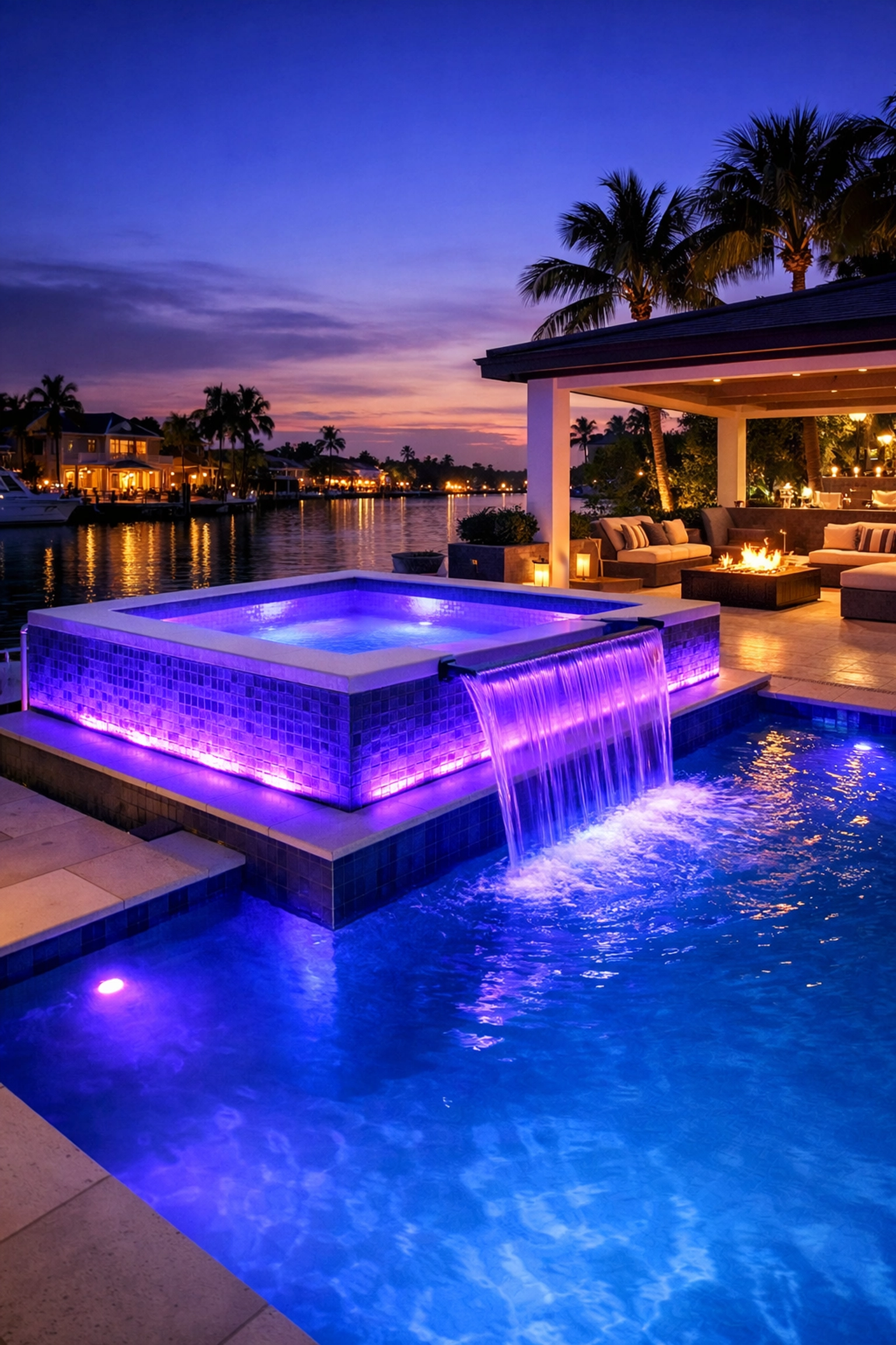 Modern Fort Lauderdale pool and spa overhaul featuring custom LED lighting and an elegant stone waterfall.