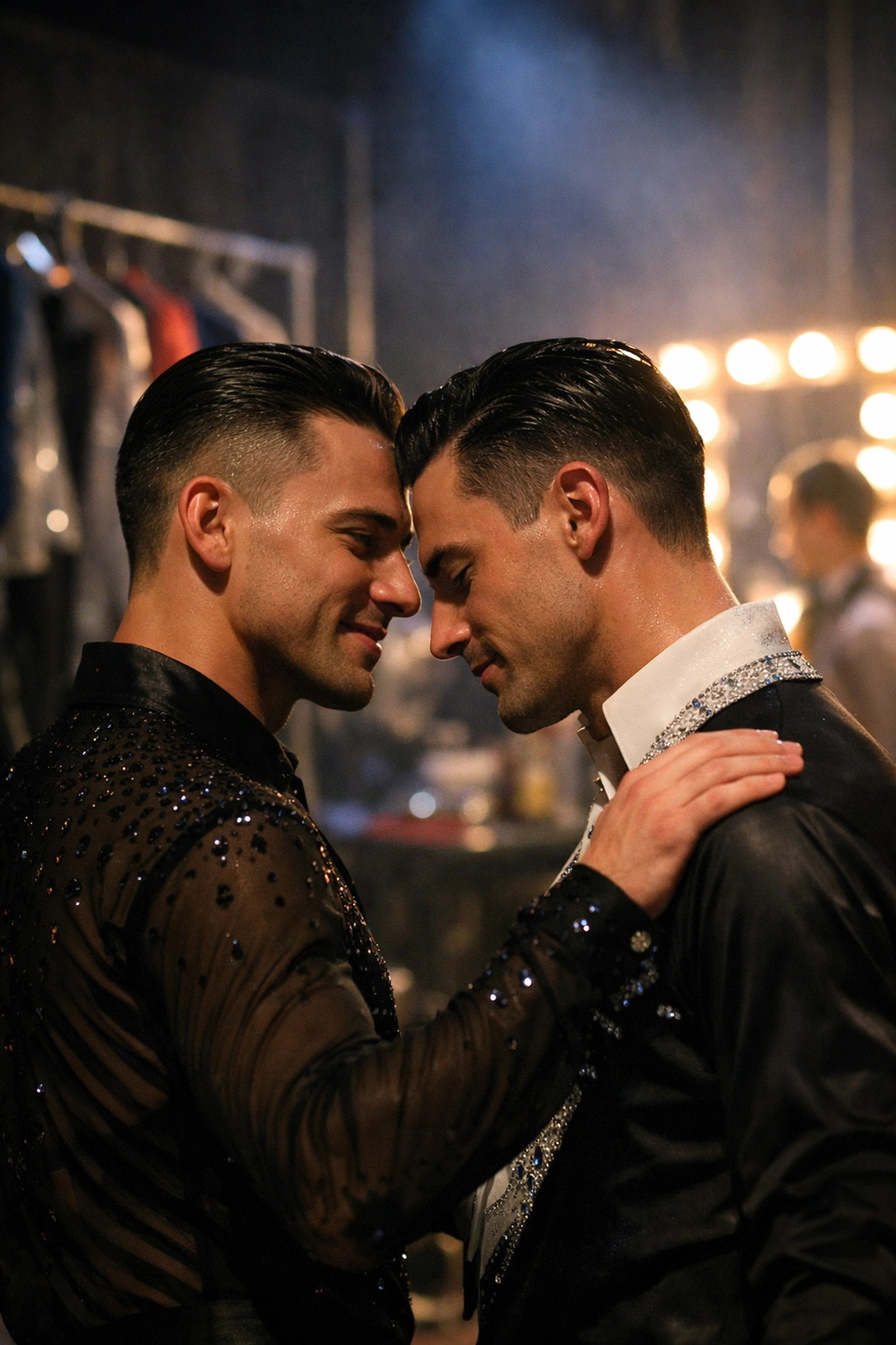 Two male ballroom dancers sharing emotional moment backstage after competitive dance performance
