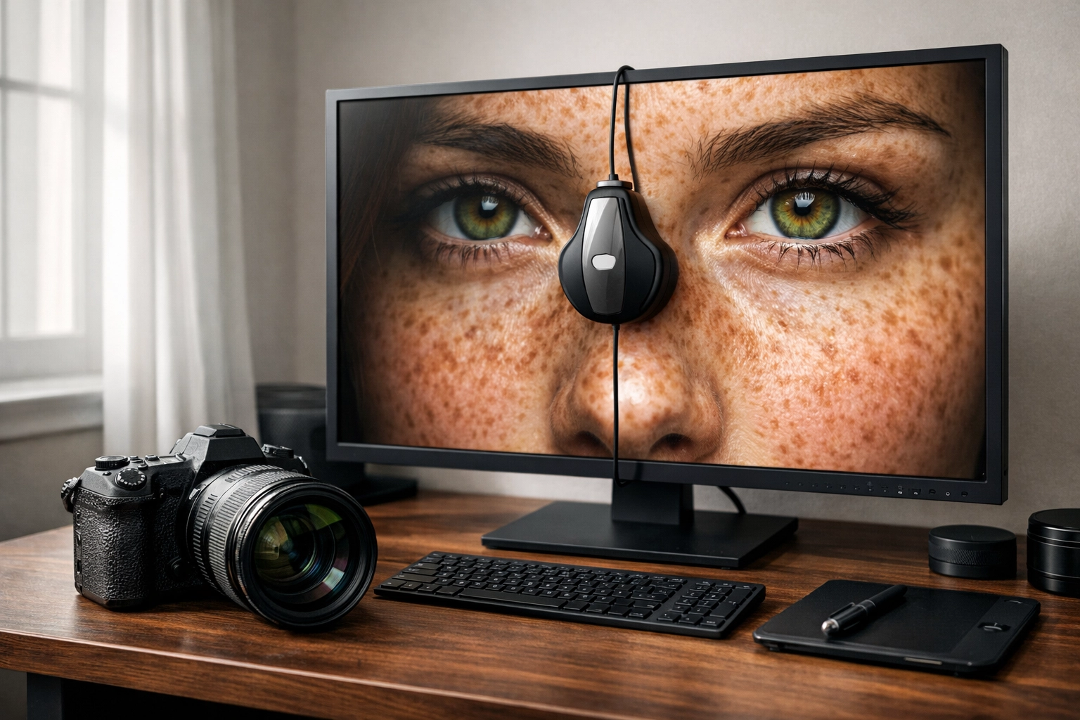 Photography workstation with a mirrorless camera and color-calibrated monitor for precise photo editing.