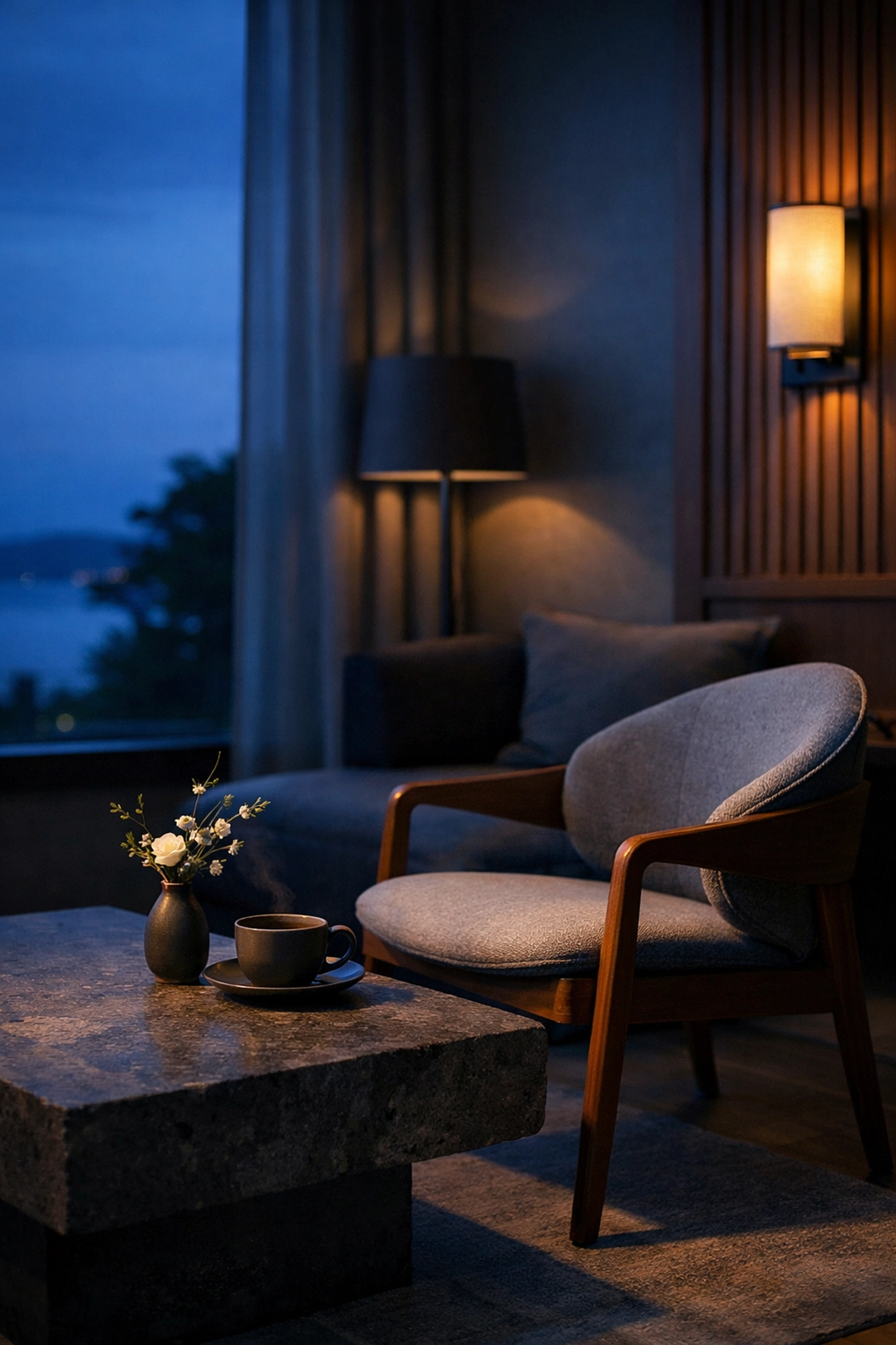 A tranquil boutique hotel lounge illustrating a seamless and frictionless guest experience.