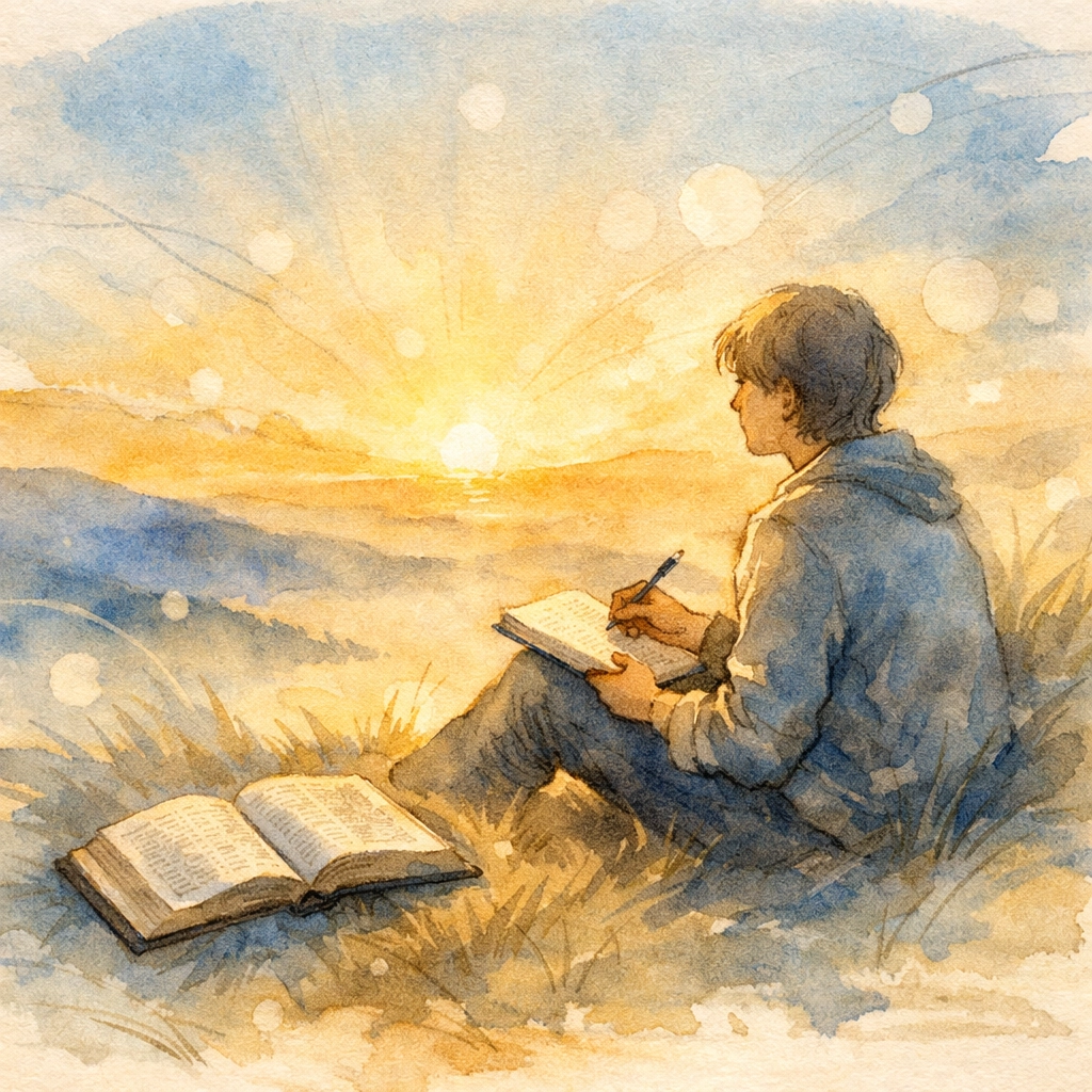 Christian journaling and Bible study on hillside, practicing self-awareness and spiritual reflection