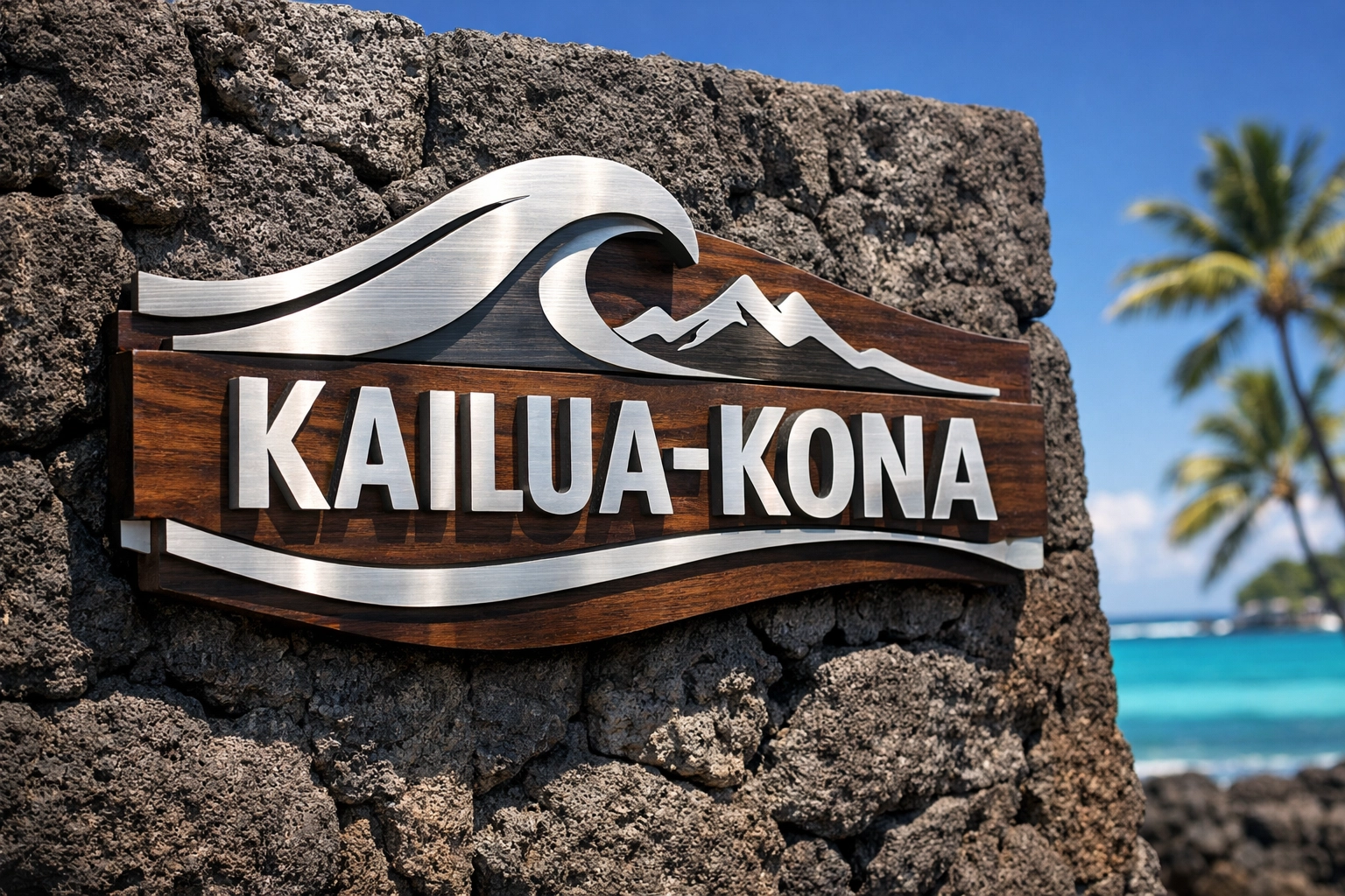 Custom aluminum and wood sign mounted on a lava rock wall with a Hawaii ocean backdrop.