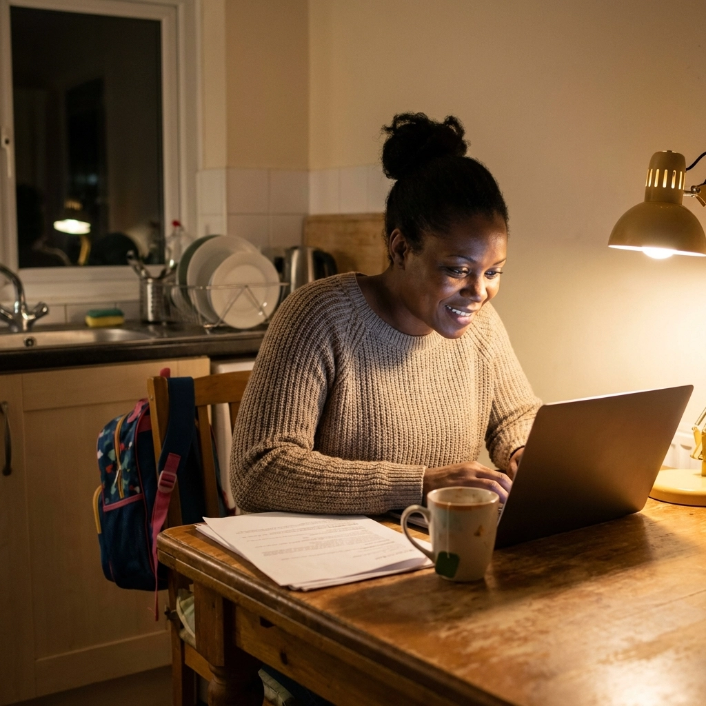 Black woman writing at a kitchen table late at night, balancing real-life responsibilities and creative work.