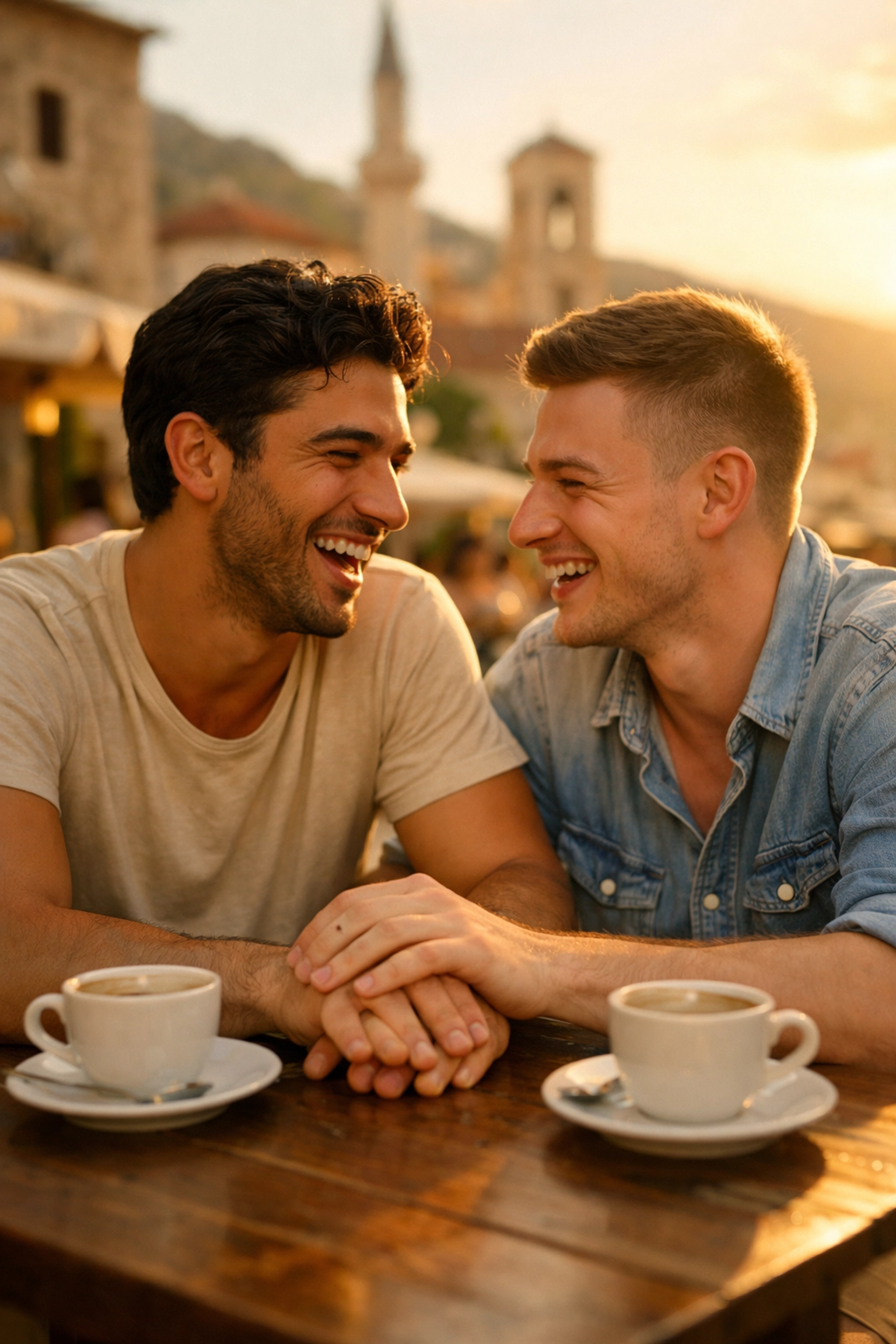 Greek and Albanian gay couple sharing coffee at Mediterranean café